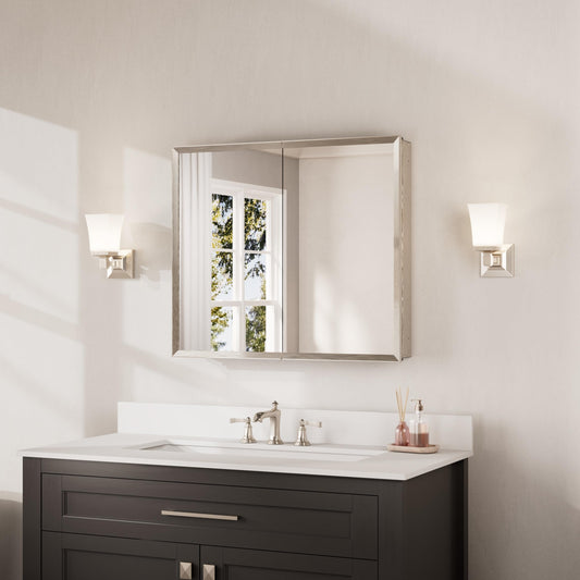 Keonjinn Medicine Cabinet Mirror 30" x 26", Brushed Nickel Bathroom Mirror with Storage, Assembly Needed