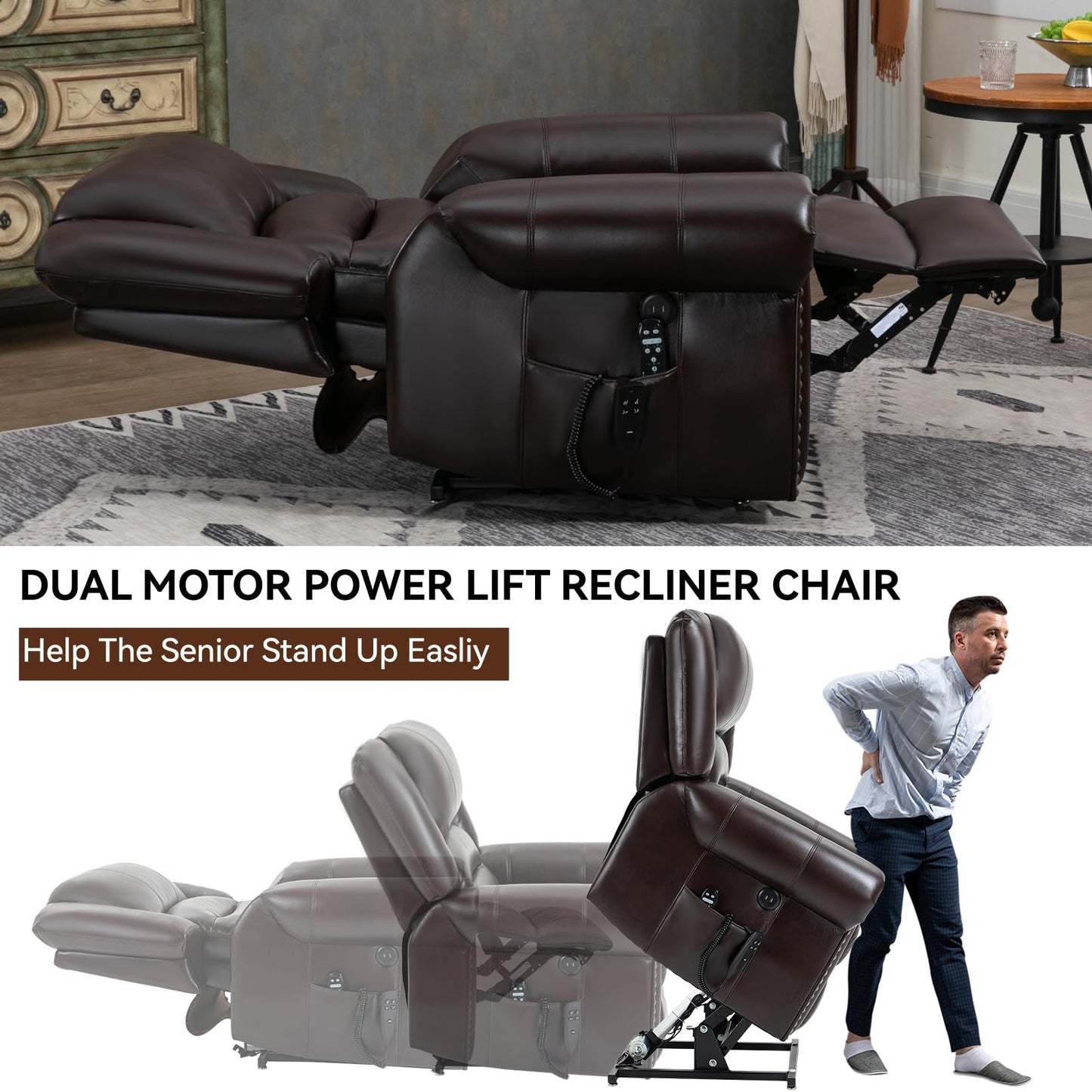 KEIKI Oversized Power Lift Recliner Rocking Chair for Adults, Faux Leather Mid Century Modern Accent Chair with Back Message & Heat USB Port, Adjustable Home Theater Seating for Living, Antique Brown