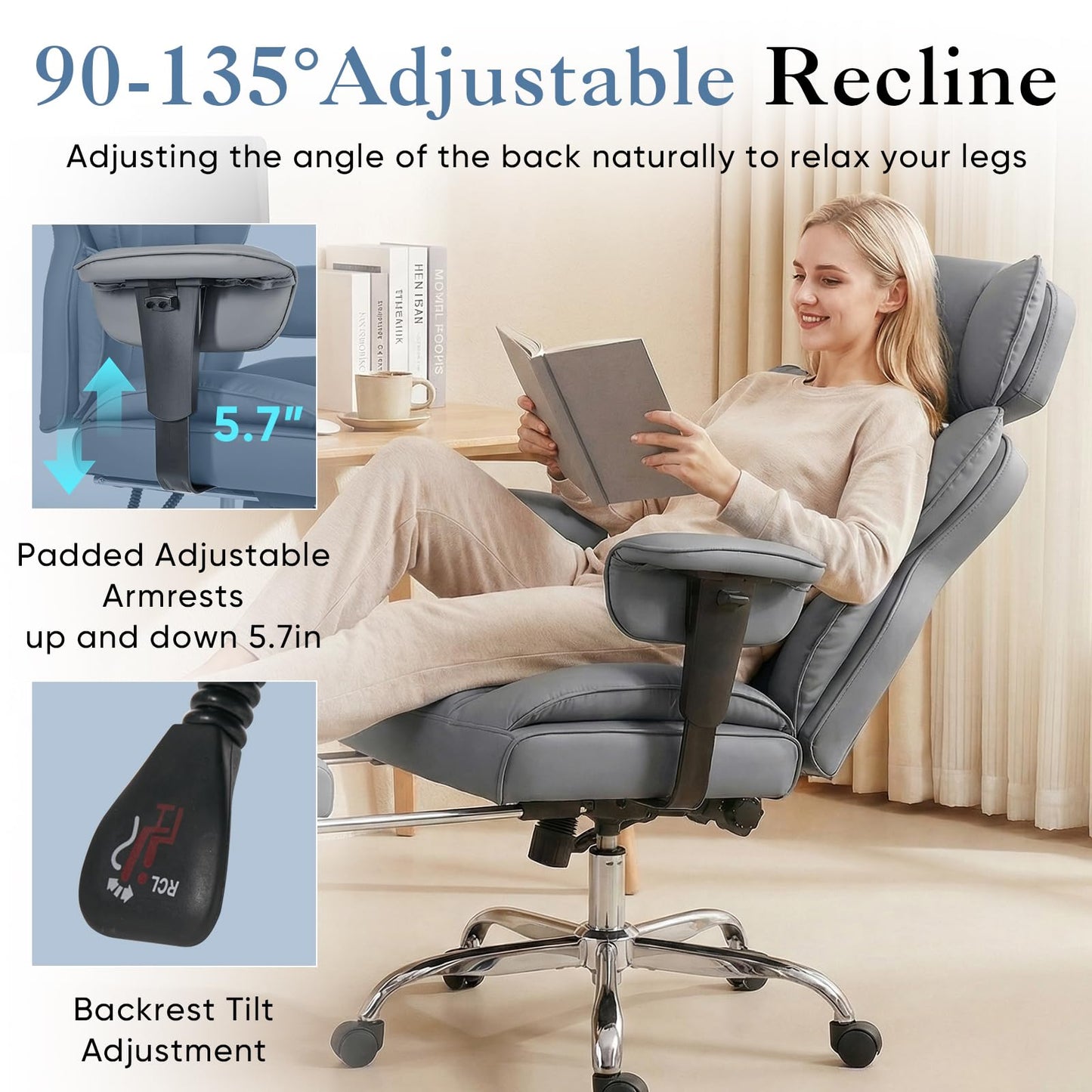 DUMOS Big and Tall Home Office Desk Chair, Gaming Computer Chair, Executive Ergonomic Chair with Footrest, High Back Reclining, Adjustable Armrests and Comfy Lumbar Support, PU Leather, Grey