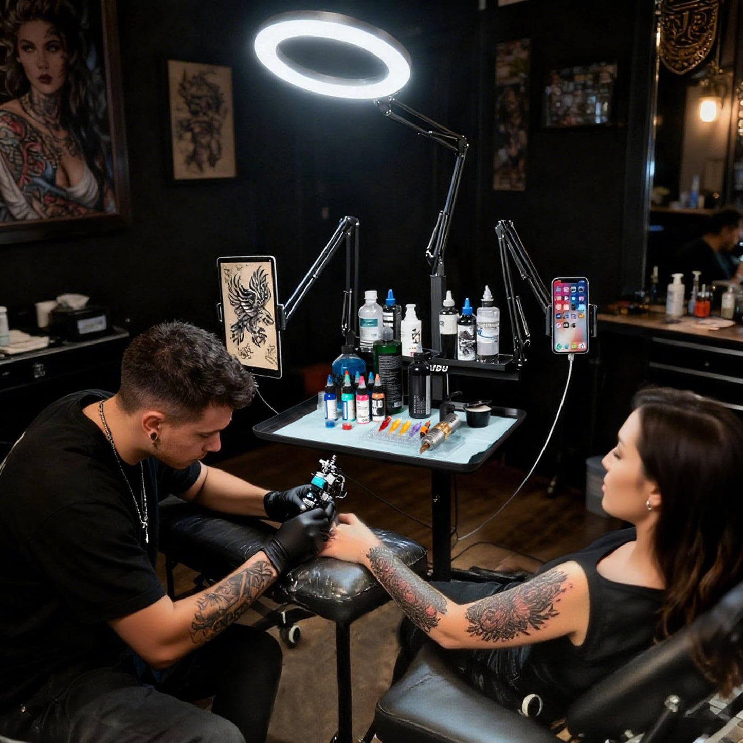 Tattoo Workstation with LED Large Aperture Tattoo Lamp, Magnetic Tray with Wheels, Salon Tray, Mobile Phone/Table Dual Stand Tattoo Cart, Suitable for Salon Tattoo Studio (Black)