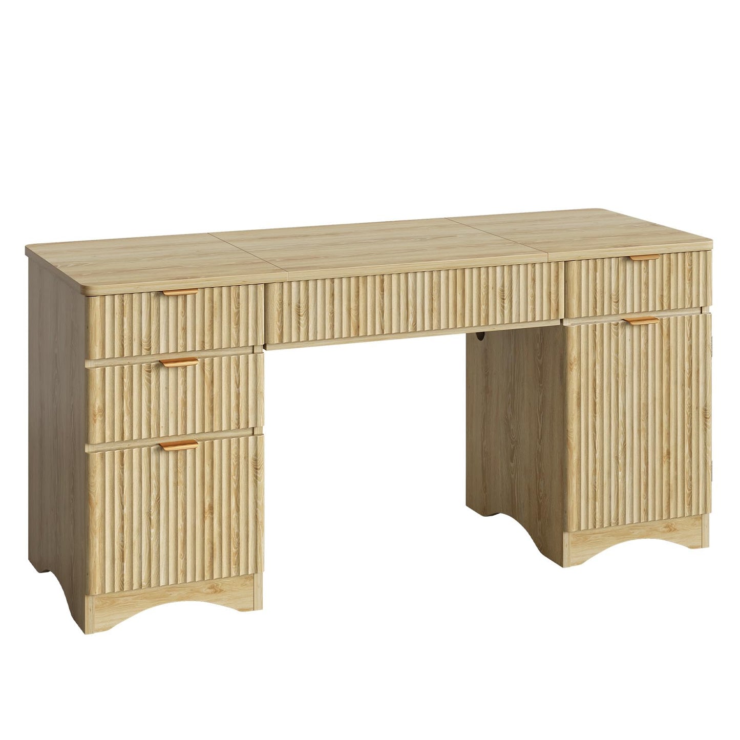 Bestier 63 Inch Home Office Desk with Drawers, Fluted Executive Desk with Ample File Drawer, Keyboard Tray & Storage Cabinet for Study, Living Room, Bedroom, Natural Oak