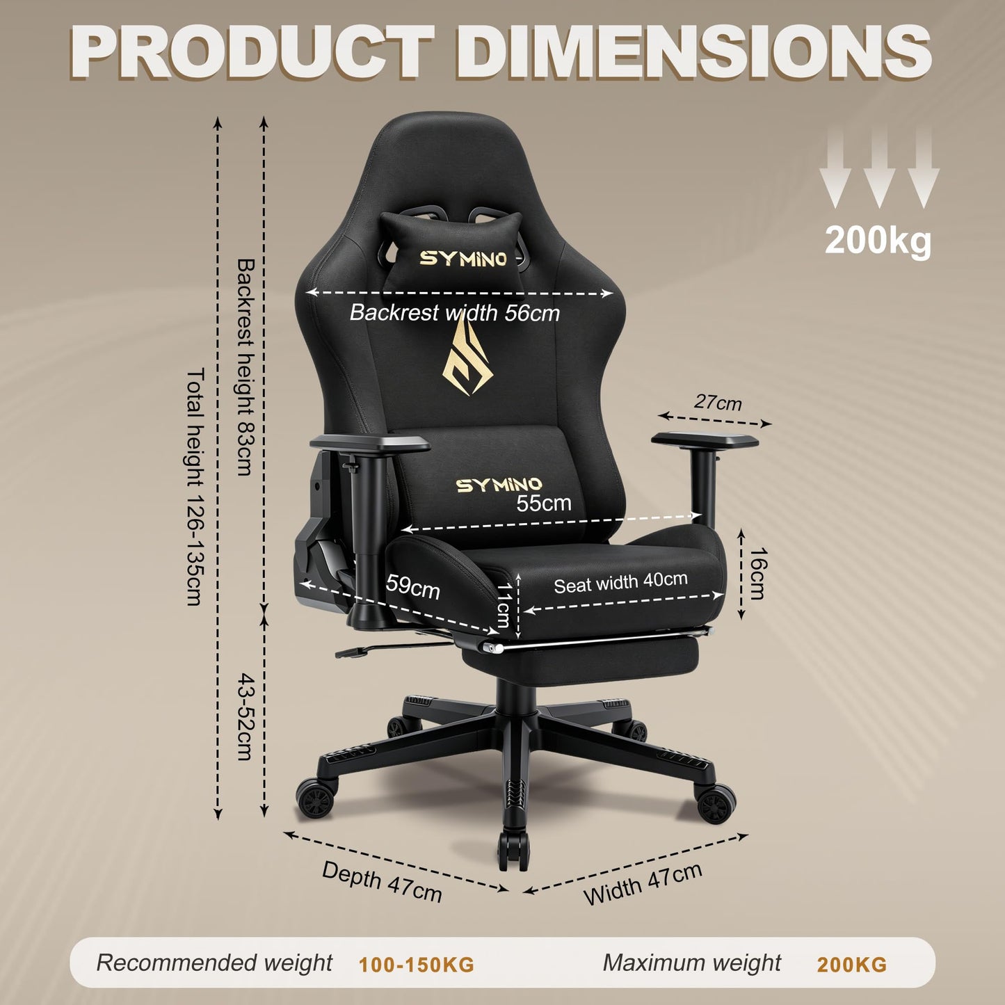 Symino Gaming Chair, Ergonomic Office Chair with 2D Armrests, 150° Recline, Breathable Faux Suede Fabric, Adjustable Headrest, Computer Desk Chair for Home Office, with Footrest, Black