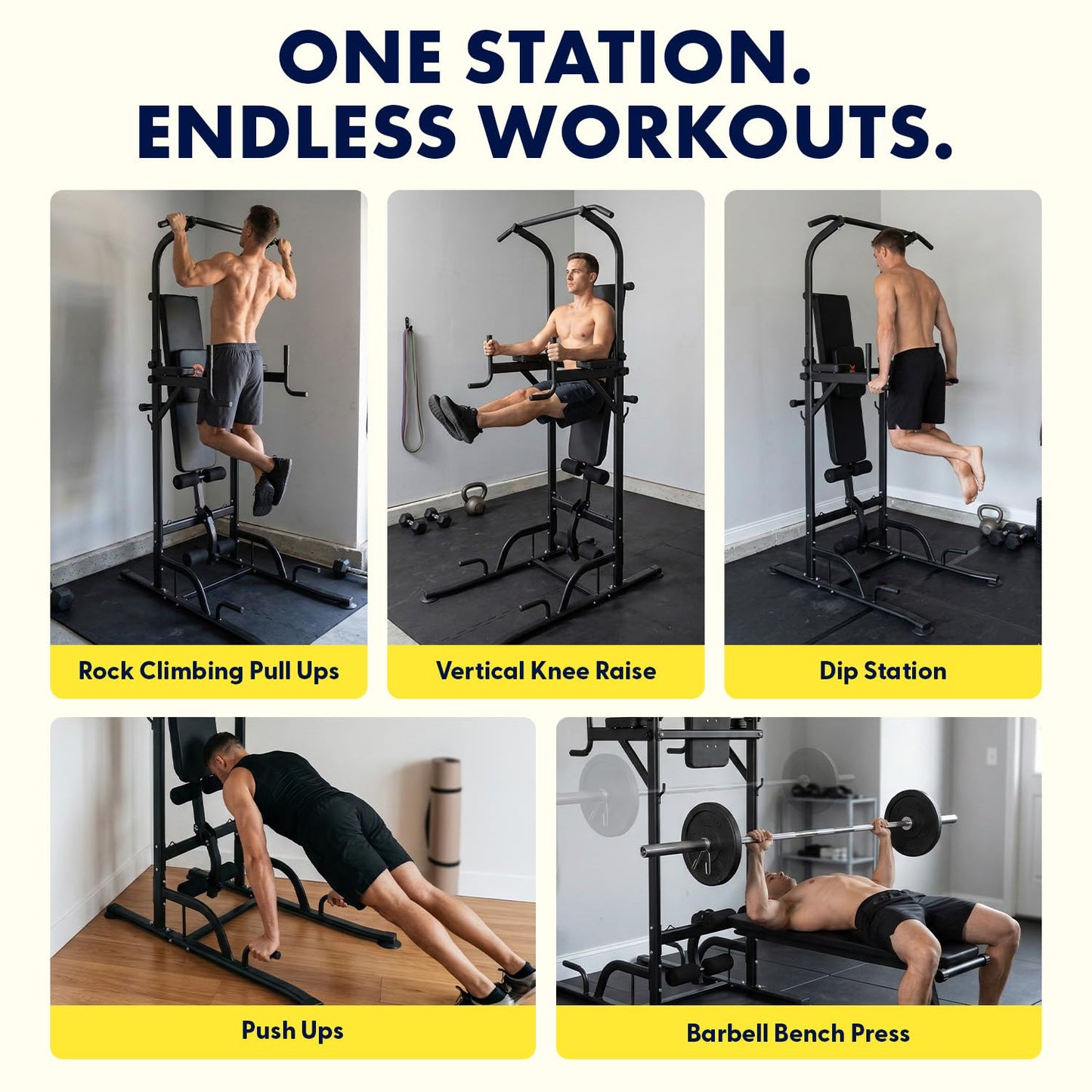 SQUATZ Pull-Up Dip Station - Your All-in-One Power Tower Gym and Chin-Up Bar Stand with Collapsible Bench for Home Exercise and Bench Press