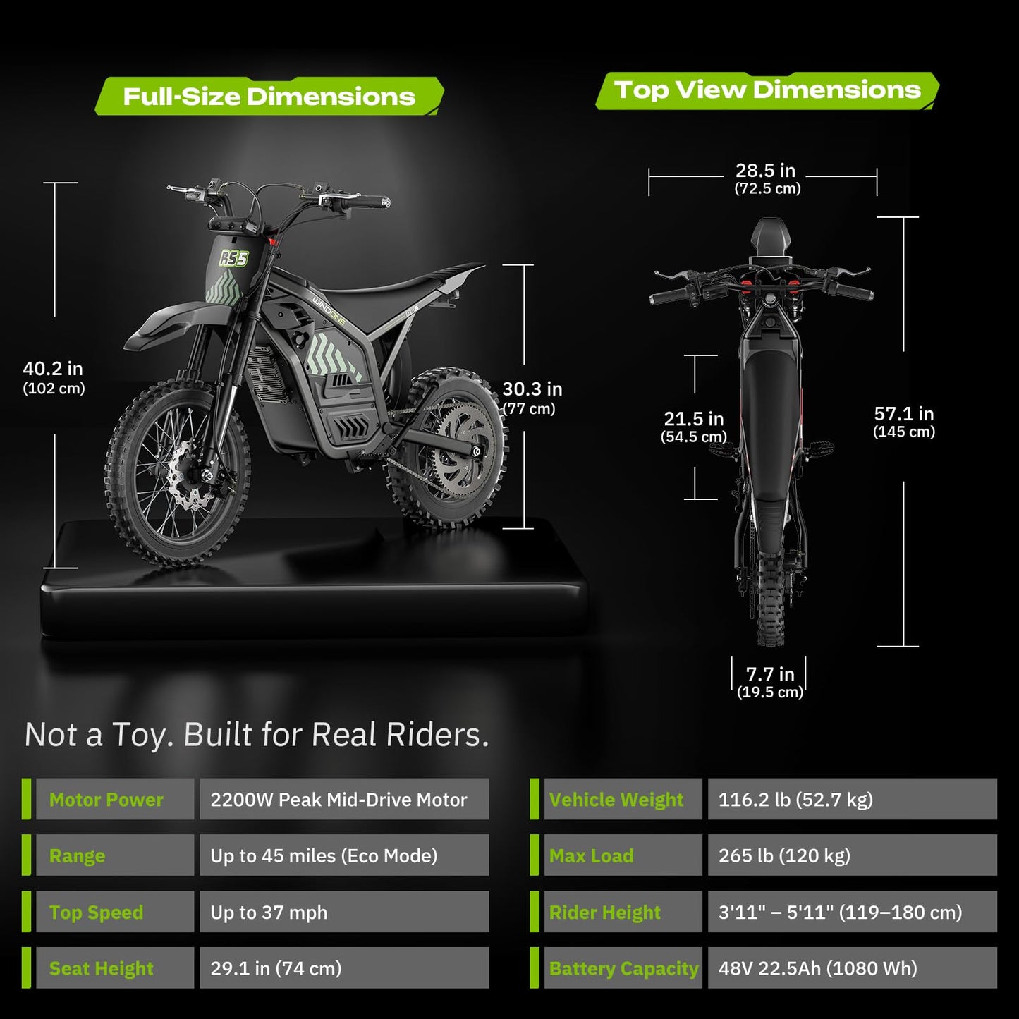 Windone RS5 Electric Dirt Bike for Teens & Adults (13+), Up to 37 MPH, 45 Miles Range, 2200W Peak Motor, 14"/12" Off-Road Tires, Hydraulic Suspension, 3-Speed Modes Electric Motorcycle (Light Green)
