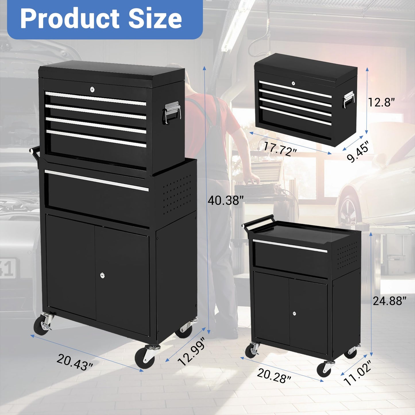 SierraSquad 5-Drawer Rolling Tool Chest, 2-in-1 Detachable Top Tool Box Cabinet, High Capacity Storage, Sliding Drawers, Wheels, Key Lock & Drawer Liners, for Garage Workshop Warehouse