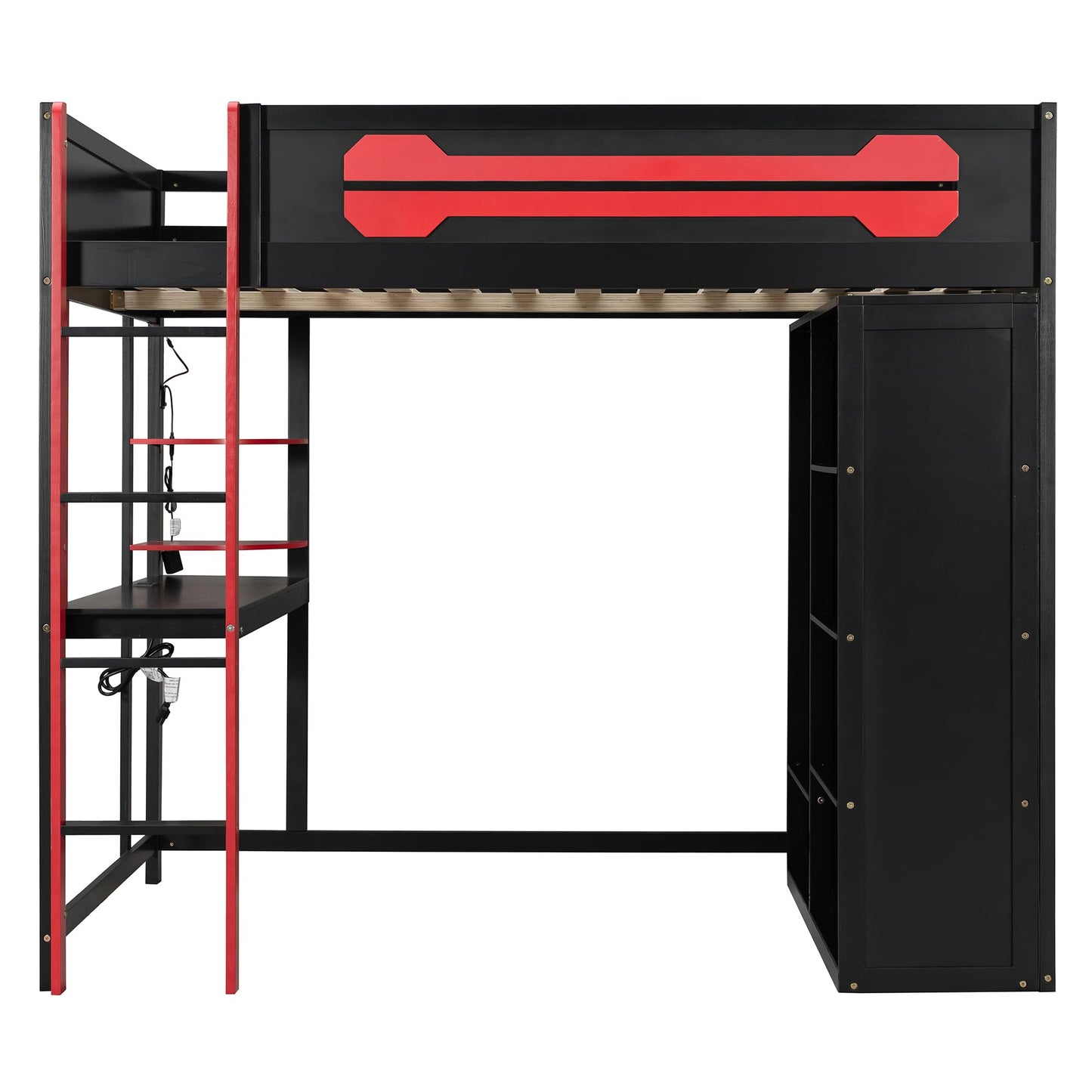 Ball & Cast Gaming Full Size Loft Bed with Desk and Charging Station,Wood Gamer Loft Beds Frame W/Open Wardrobe&RGB Light,High Loft Bed W/Full-Length Guardrail,Bedroom Furniture for Student Dorms,Red
