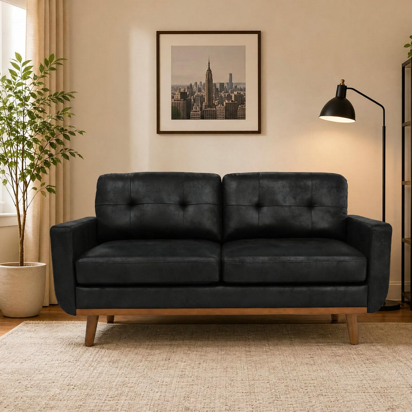 Ball & Cast 65" Loveseat Sofa,Mid Century Modern Love Seat Couches for Living Room,Button Tufted Upholstered Small Couch with Solid Wood Legs for Bedroom,Apartment,Office,Fabric,Black