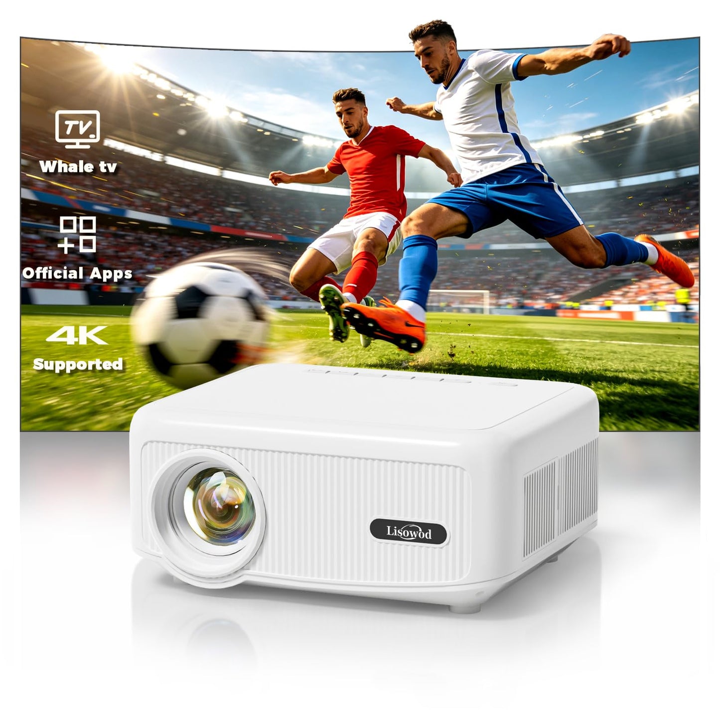 Outdoor Projector [1900 Brightness & 1k+ Official Apps] Movie Projector 4K, Electric Focus & 4P Keystone, Lisowod L02 Smart Projector with WiFi and BT, Portable Proyector for Backyard & Home Cinema