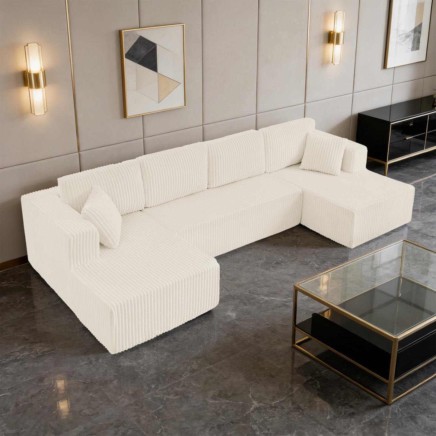 132.48" U-Shaped Sectional Couch, 4-Seat Frameless Modular Sofa with Oversized Chaise, Big Comfy Cloud Couch Set in Soft Corduroy, No-Assembly Boneless Sofas for Living Room, Compressed, Beige