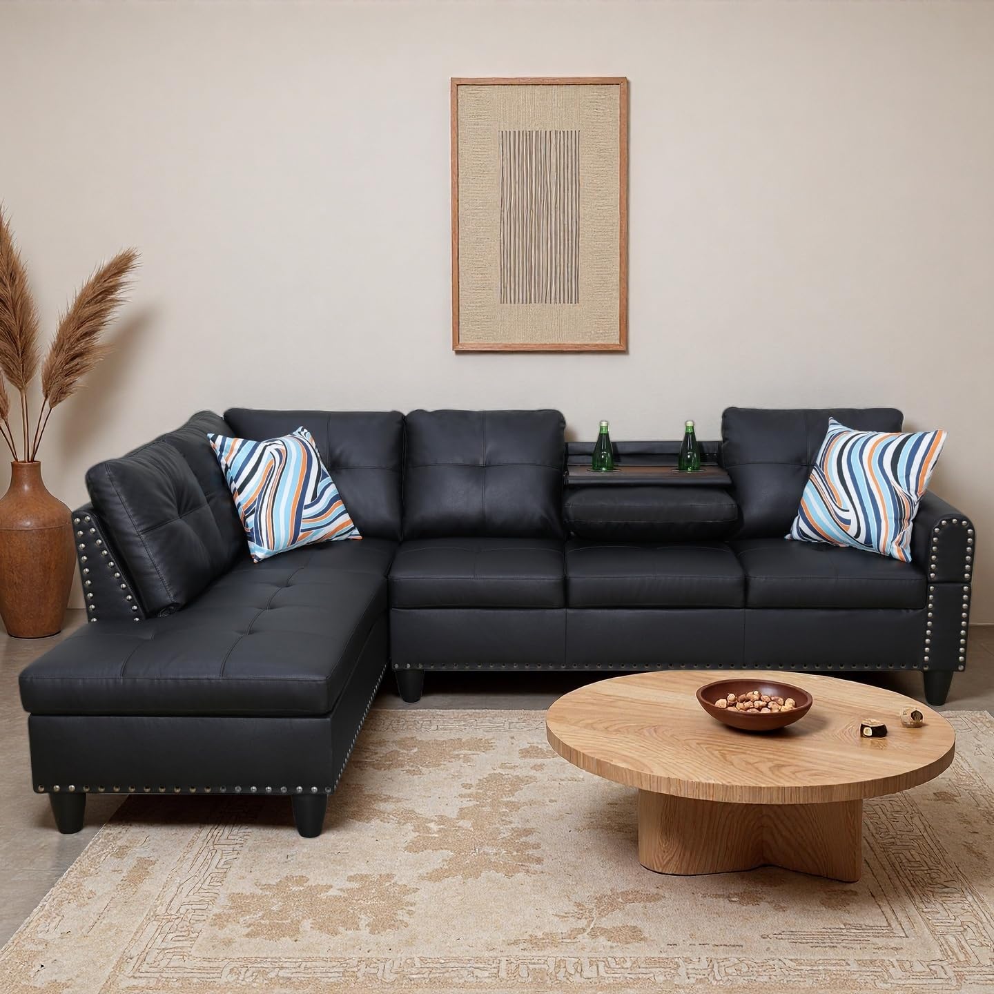 Trygoal Modern L-Shaped Leather Sectional Couch with Cup Holders, Modular Sectional Sofa for Living Room, 3 Person Faux Leather Couch Includes Chaise Lounge, Black