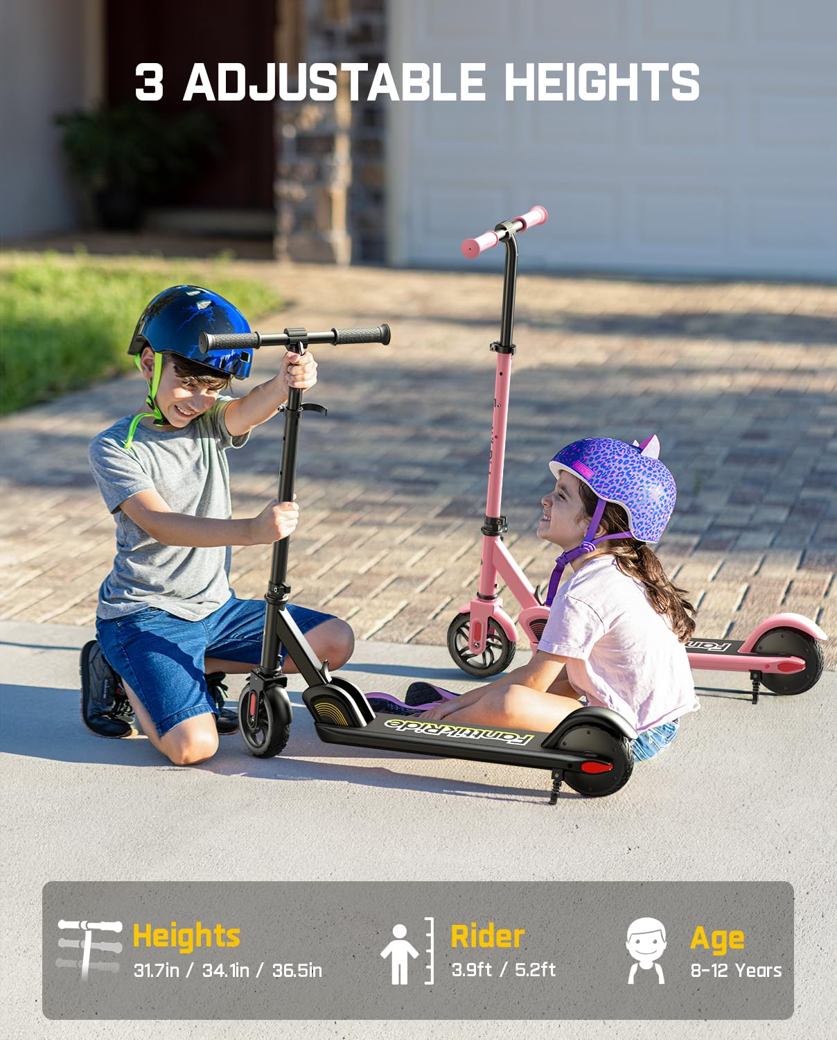 FanttikRide C9 Kids Electric Scooter Ages 8-12, Foldable for Kids 3.9-5.2 ft, 132 lbs, 5 Miles Range, Up to 40 mins Ride Time, 2 Safe Max Speed 6/10 MPH, 3 Adjustable Heights, Pink