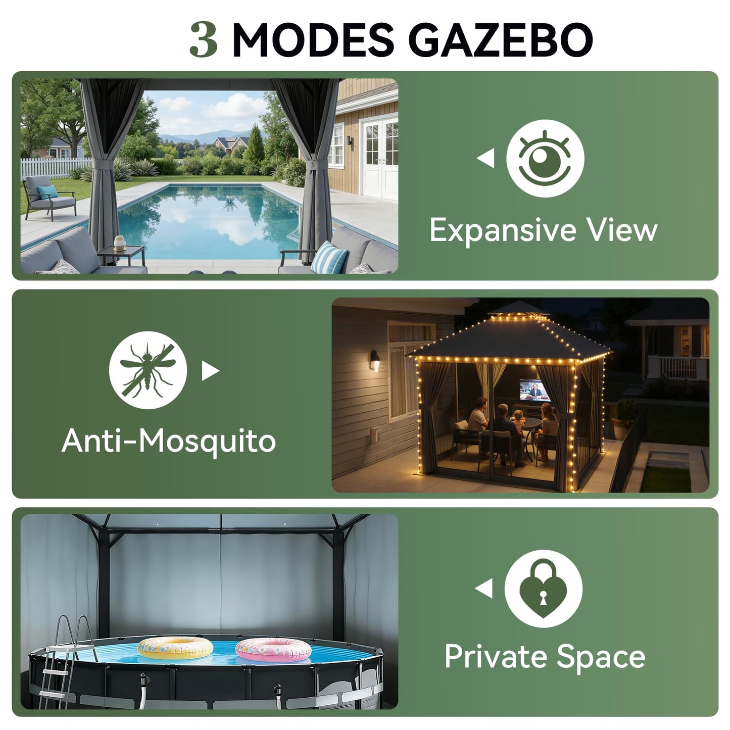 Aoxun 8'x8' Outdoor Gazebo, 50mm Heavy-Duty Steel Frame Double Roof Canopy, Waterproof Polyester Patio Pavilion with Curtains and Netting for Backyard Garden, Dark Gray