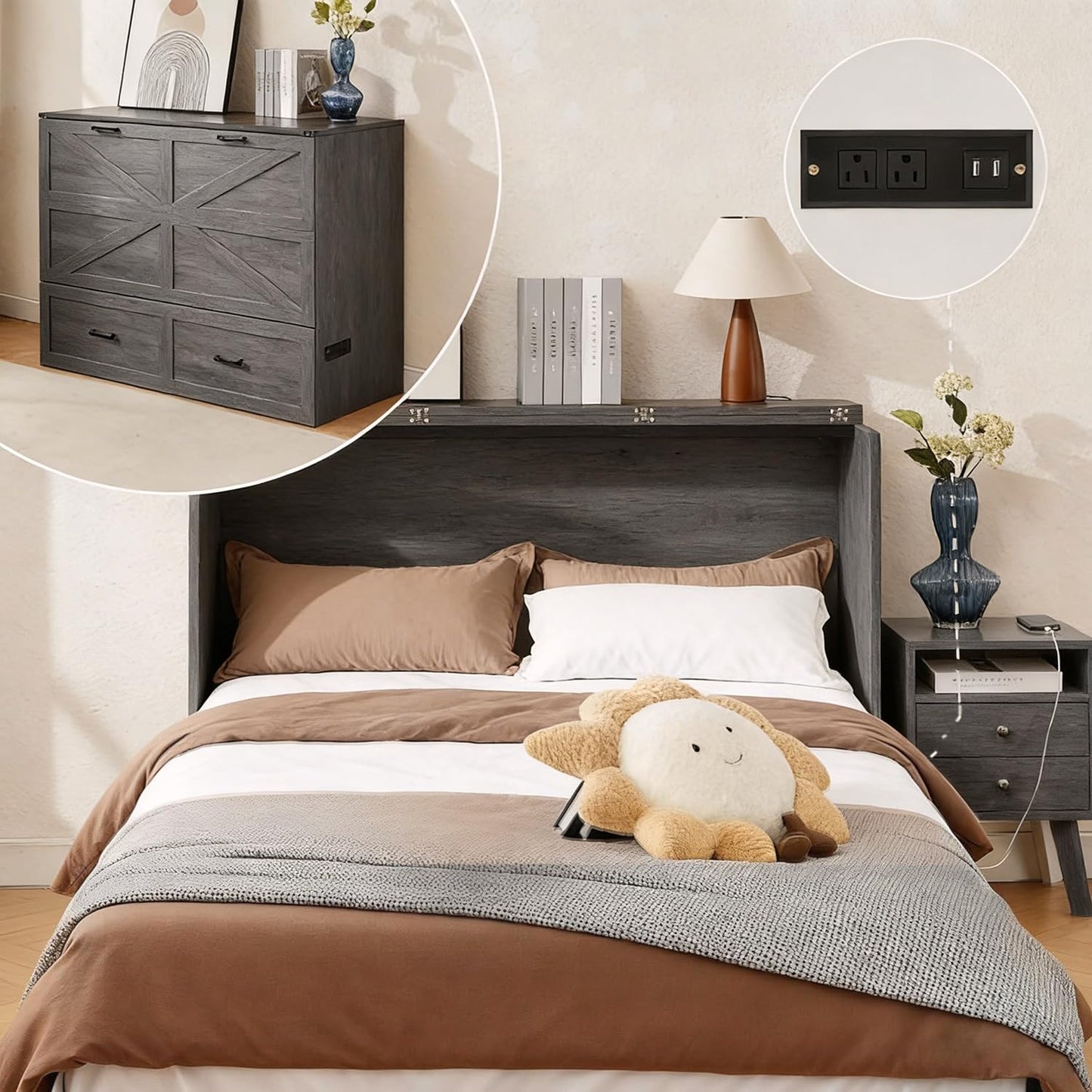 UYIHOME Full Murphy Bed Cabinet with Charging Station and Storage, Farmhouse Foldable Platform Bed for Guest Bedroom,Home Office Bed Frame with Storage,Rustic Grey (Full Size)