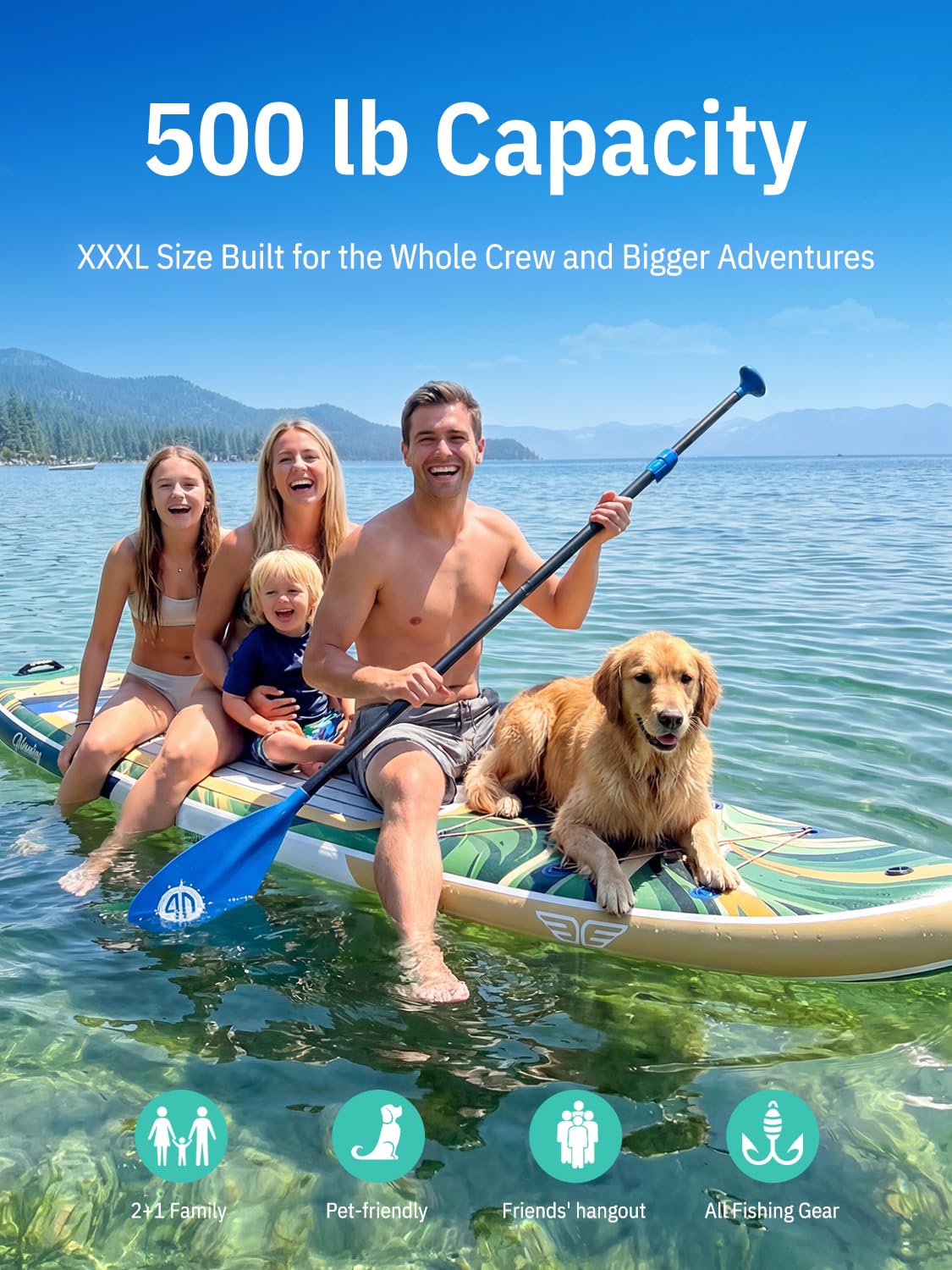 Niphean (Extra Large) Inflatable Paddle Board, SUP for 2+1 People/Family 500lbs Capacity Stand Up Paddle Board with SUP Accessories, StabilTrac Fin Non-Slip Paddleboard for Adults-Glass Green