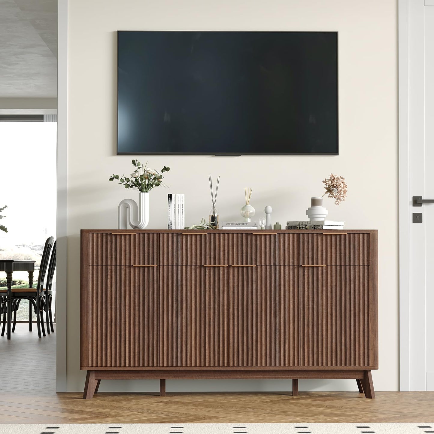 GarveeHome 60" Large Farmhouse Sideboard Buffet Cabinet with Storage Drawers & Adjustable Shelves, Wood Fluted Buffet Storage Cabinet & Coffee Bar Console Table for Living Room & Kitchen Dining Room