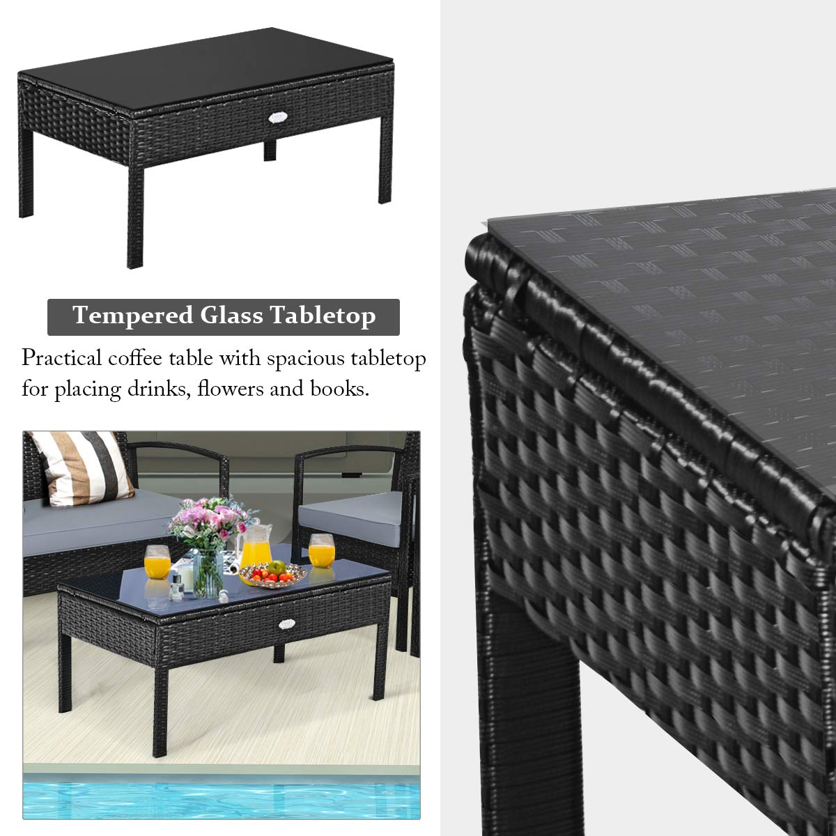 Tangkula 4-PCS Wicker Patio Conversation Furniture Set, Outdoor Rattan Chair and Table Set, Patio Furniture Sets with Coffee Table & Washable Cushions for Courtyard Balcony Garden (1, Black)