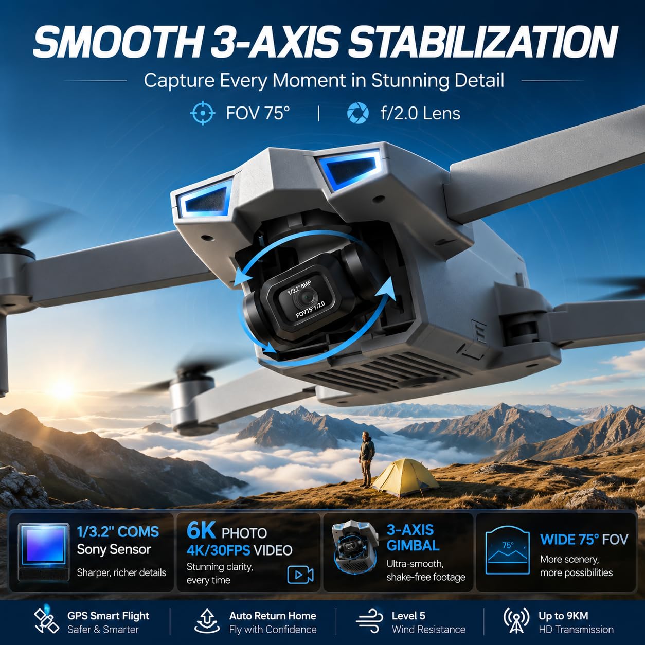 Holy Stone HS790 6K Photo Drone with Camera for Adults, 3 Axis Brushless Gimbal 4K Video, 30000ft Transmission, 60Min Flight with Fast Charging Hub, AI Night Shot, GPS Smart Flight, Beginner Mode