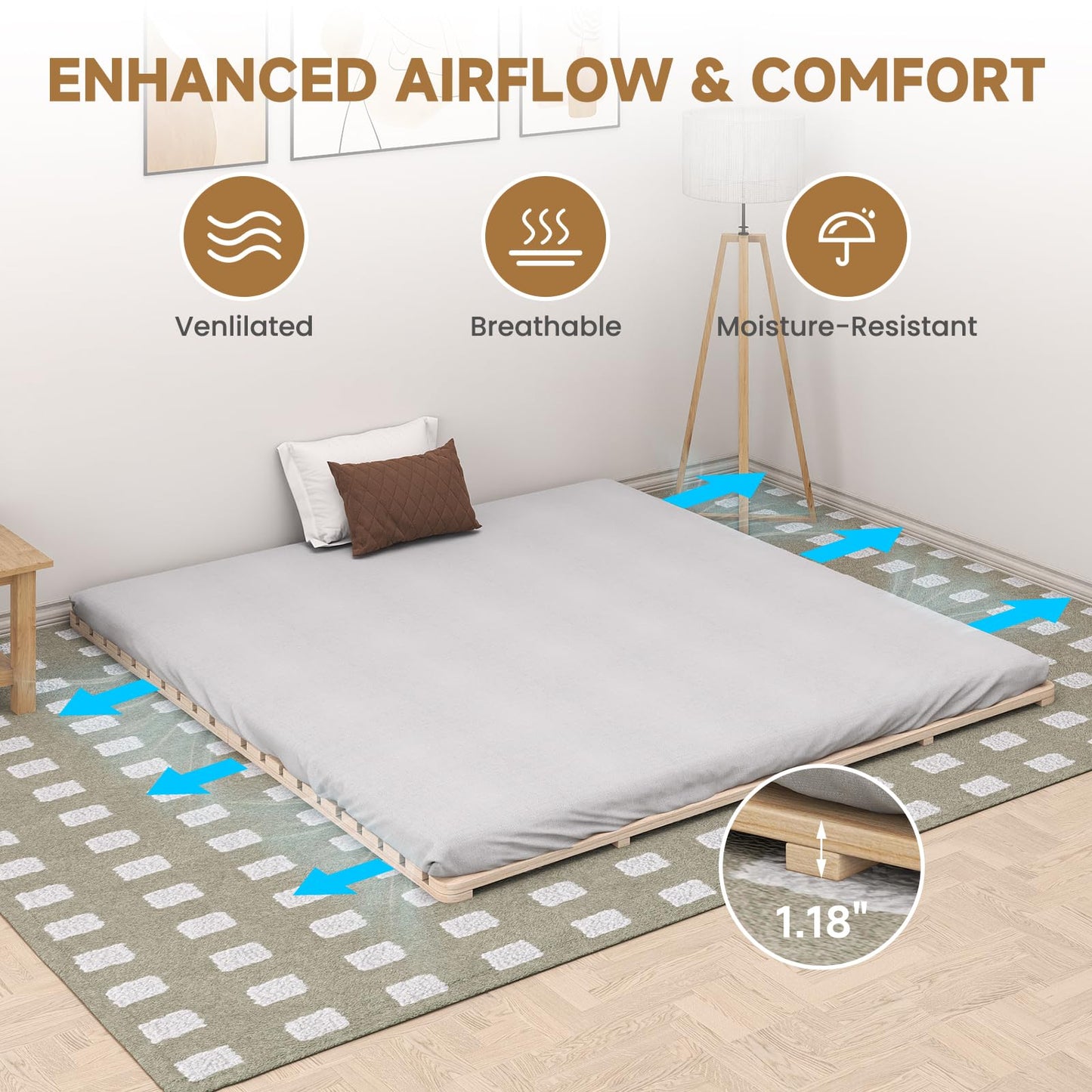 LILYPELLE Floor Bed Frame, Breathable Moisture-Proof Bed Plate, Foldable Tatami Bed Frame, Solid Wood Slatted Floor Bed Frame, Japanese Floor Bed for Floor Sleeping or Futon Mattress, King