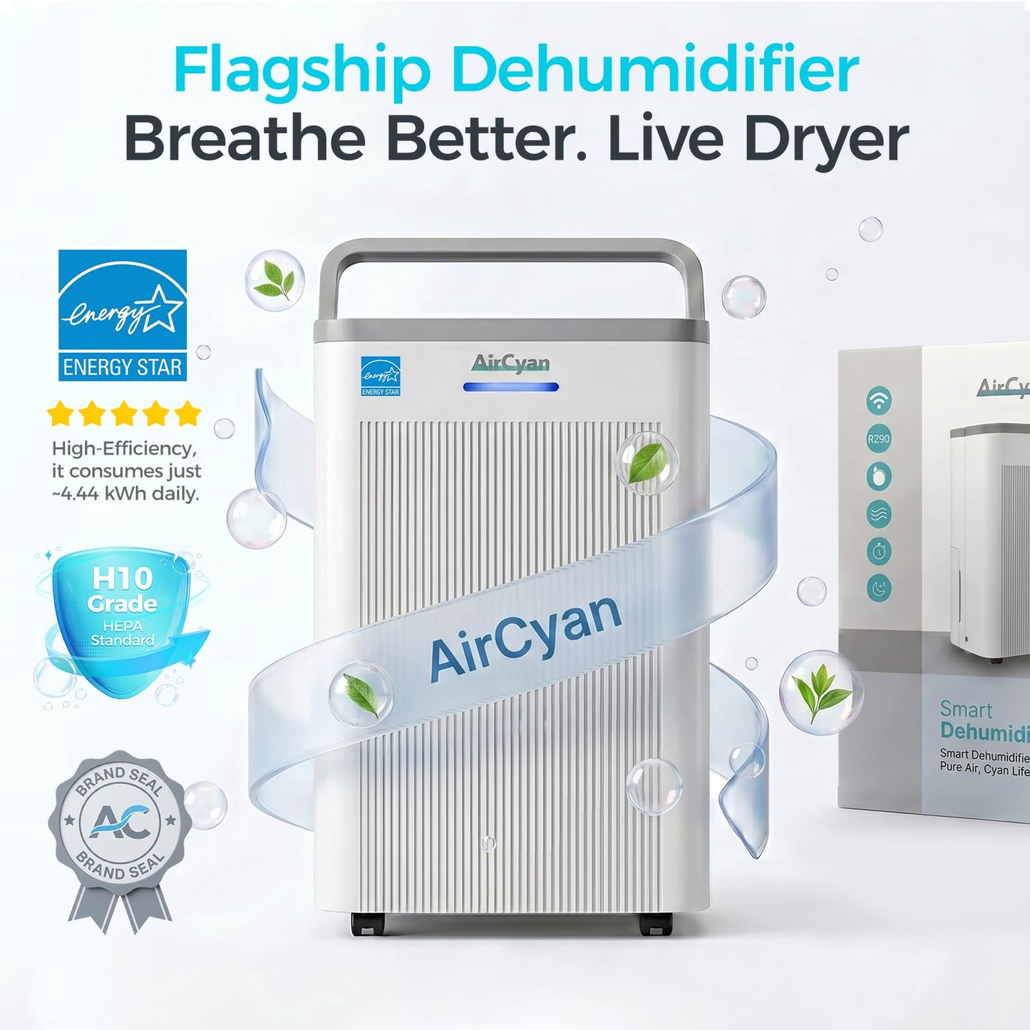 AIRCYAN 4500 Sq.Ft Most Efficient Energy Star 2025 Dehumidifier for Basement, Max 65 Pint Smart Dehumidifier with WiFi Intelligent Humidity Control,Air Purifier HEPA Filter for Home,Garage,RV