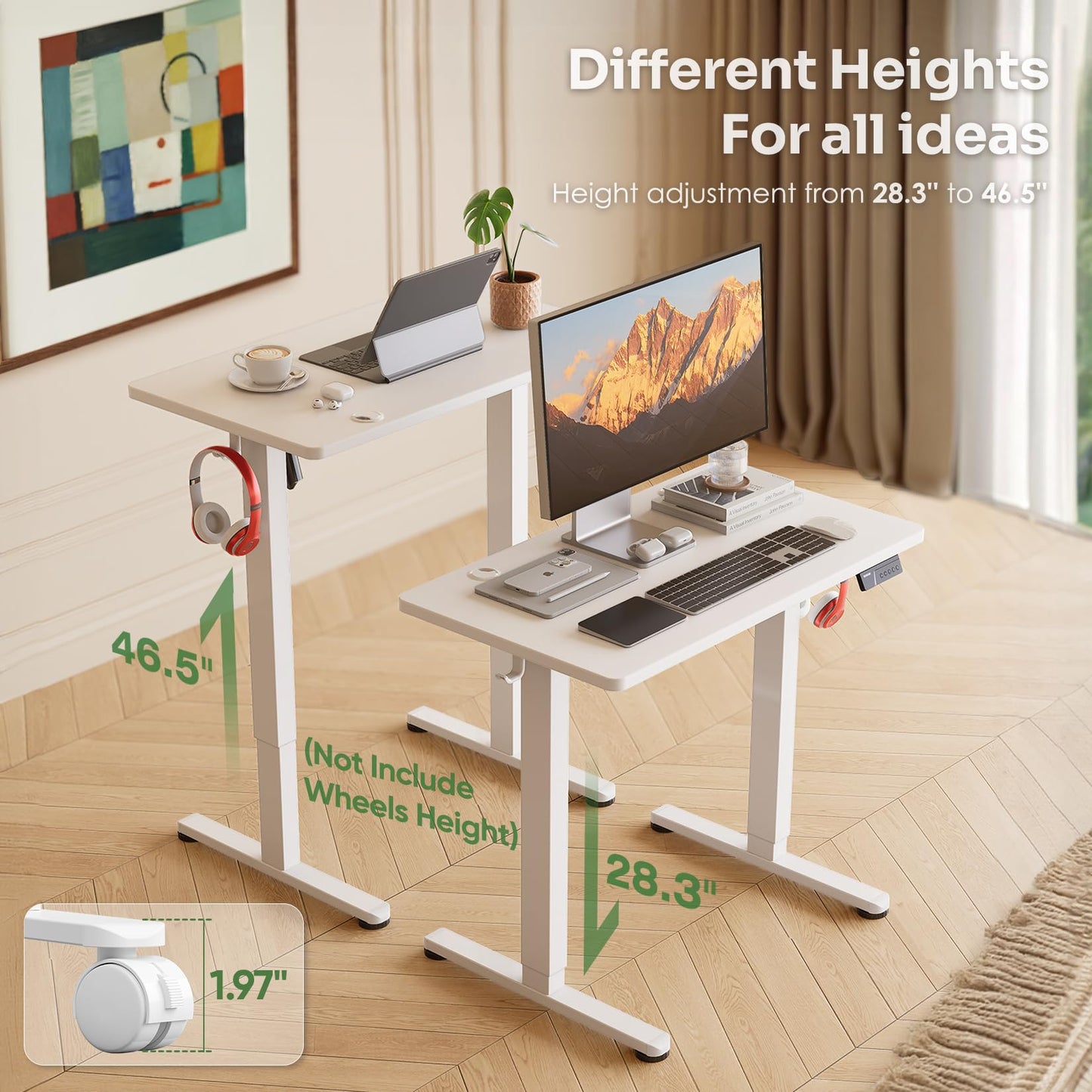 Monomi Small Electric Standing Desk, 35" x 20" Whole Piece Height Adjustable with Memory Controller, White Sit to Stand Desk Workstation for Home Office