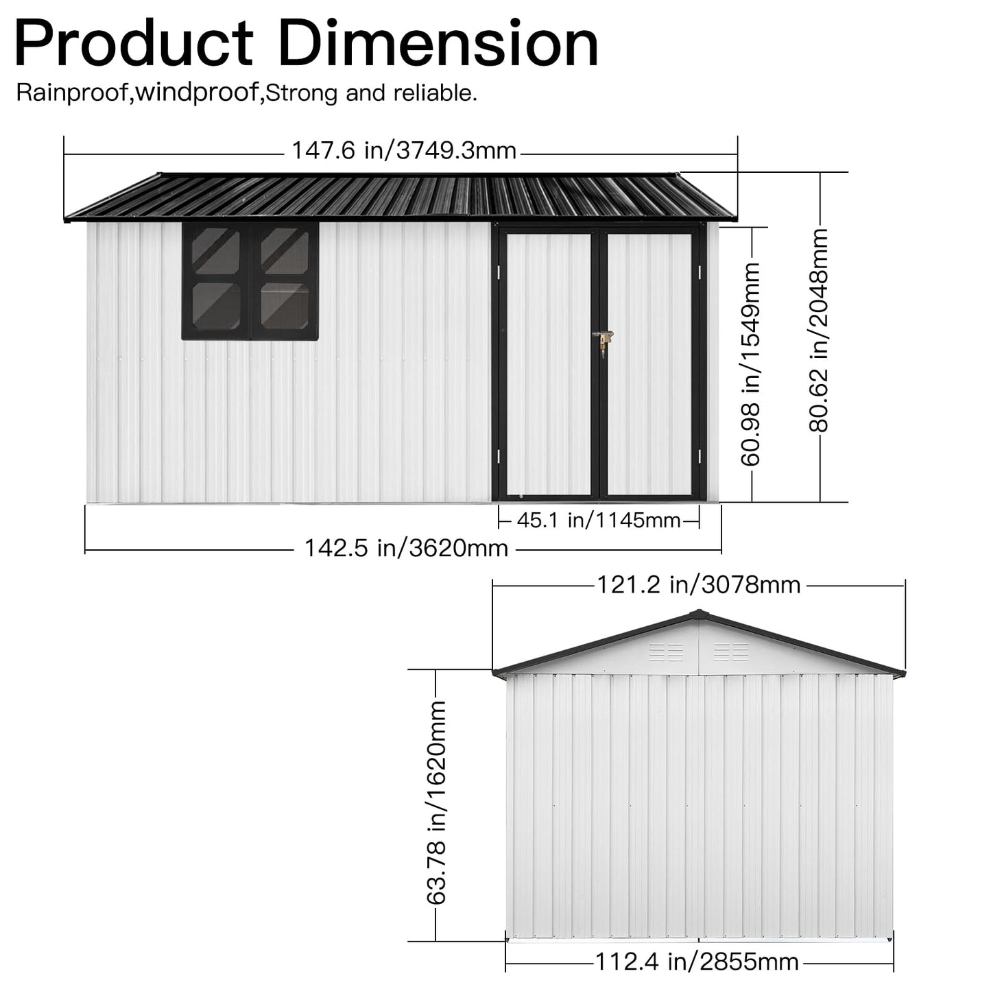 YOPTO 12x10 FT Outdoor Storage Shed,Metal Shed W/Goods Shelves & Window,Garden Tool House W/ 2 Vents & Lamp Hanging Hole & Apex Roof and Lockable Doors,for Backyard Patio Lawn,White+Black