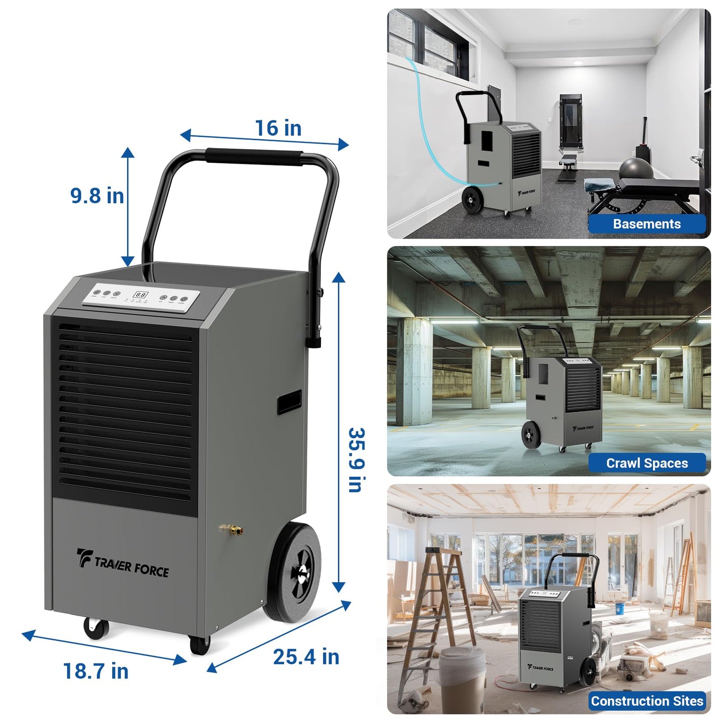 Traver Force Commercial Dehumidifier, 170 Pint Large Dehumidifier with Pump Drain Hose, Up to 7,500 sq. ft, for Crawl Space, Basement, Warehouse, Water Damage Restoration, Job Sites