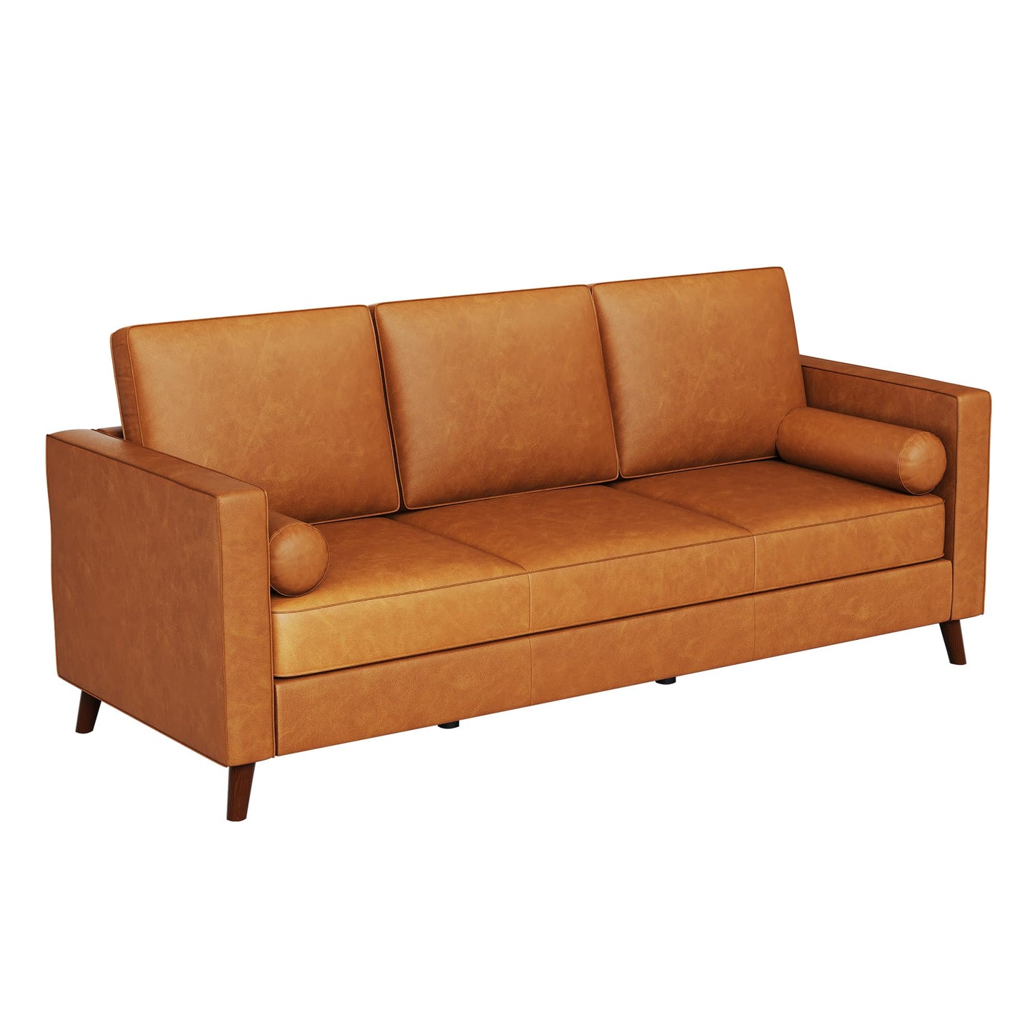 IDEALHOUSE 86" Faux Leather Sofa, Mid Century Modern Deep Seat Couch, Leather Couch with Upholstered Cushion&Removable Cover, 3 Seat Sofa for Living Room, Office, Cognac Tan