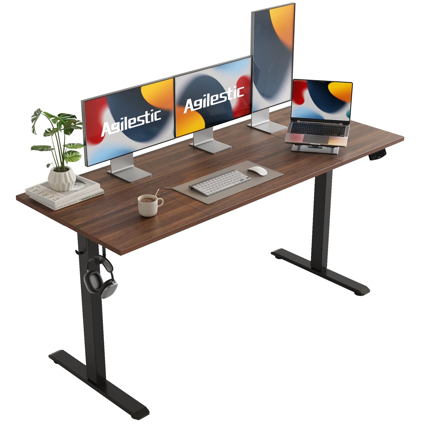 Agilestic Electric Standing Desk, 63 x 24 Inches Height Adjustable Desk, Sit Stand up Desk for Work Office Home, Splice Board, Dark Walnut