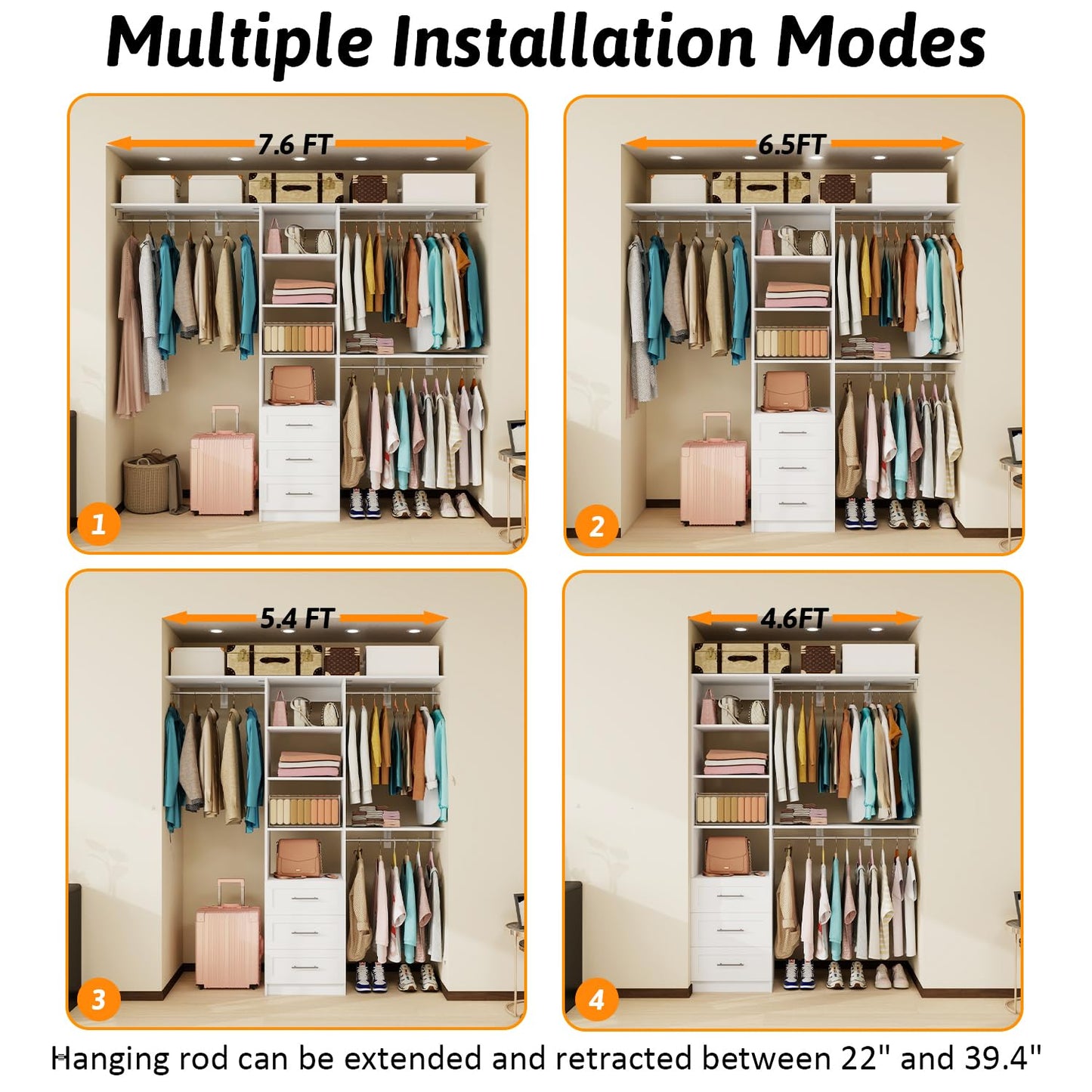 Closet System with Drawers, 5FT-8FT Closet Organizer System with Shelves & Expandable Hanging Rods, Walk in Storage Closet System Wood, White