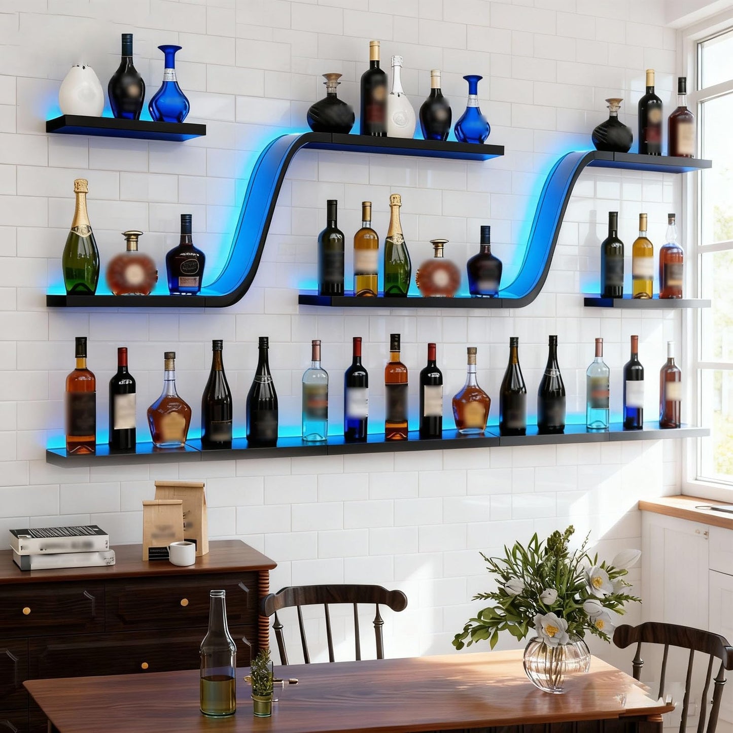 YTALUTTNIE 47in Wall Mounted Wine Rack with LED Lights, Modern Curved Design Floating Bar Shelves, Large Hanging Liquor Display Storage Organizer for Home Bar Coffee Shop Kitchen (Black, 120cm)