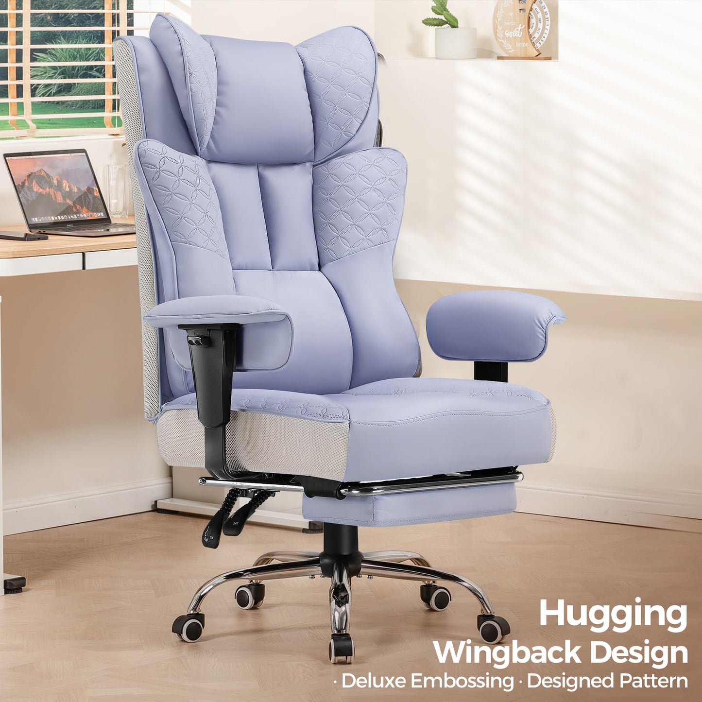 GTPLAYER Big and Tall Office Chair, Wide Ergonomic Gaming Chair with Deluxe Embossing Designed Leather with Foot Rest,150°Reclining Adjustable Soft Armrests Pocket Spring Back Support and Pillow