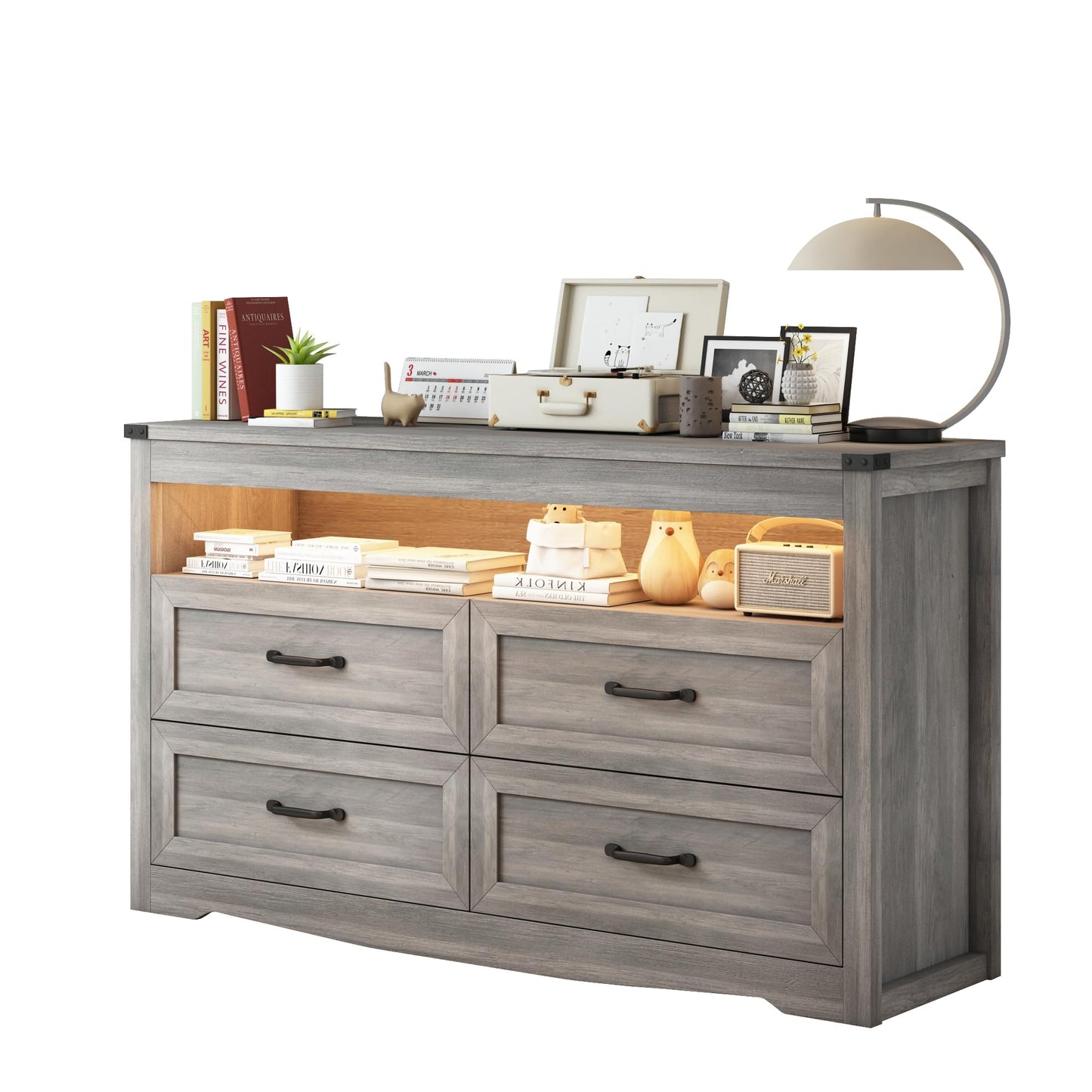 Wodeer Grey Dresser for Bedroom, Wooden 4 Drawer Dresser with LED Light, Dressers & Chests of Drawers with Metal Handles, Storage and Organization for Bedroom, Hallway, Entryway, Gray