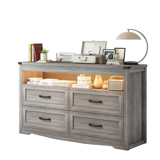 Wodeer Grey Dresser for Bedroom, Wooden 4 Drawer Dresser with LED Light, Dressers & Chests of Drawers with Metal Handles, Storage and Organization for Bedroom, Hallway, Entryway, Gray
