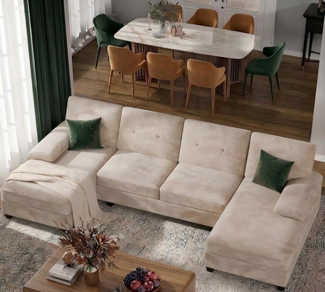 U-Shaped Sectional Couches for Living Room, 4 Seat Sofa with Double Chaise Lounges,Solid Wood Frame Sectional Sofa for Apartment,Beige