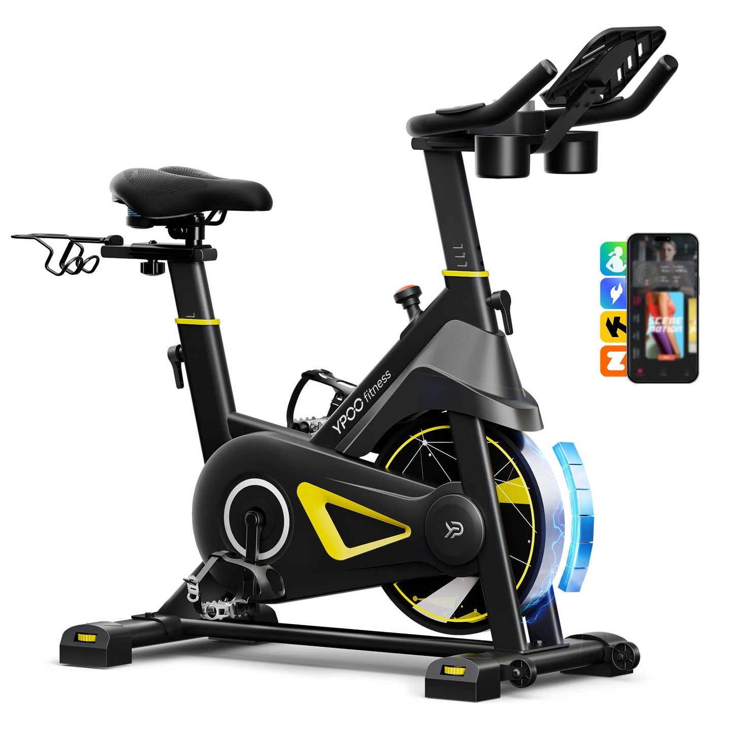 YPOO Exercise Bike, Adjustable Magnetic Resistance Stationary Bikes for Home Cardio with Exclusive App, Indoor Bike with 330lbs Weight Capacity Comfortable Seat, Tablet Mount and Fitness Courses