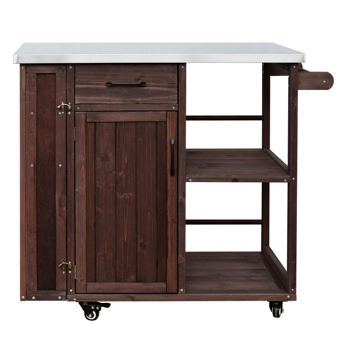 Outdoor Kitchen Island Cart with Stainless Steel Top, Rolling Grill Table with Storage Cabinet Drawer Shelves & Towel Rack, Wooden BBQ Prep Station with Lockable Wheels for Patio Backyard, Dark Brown