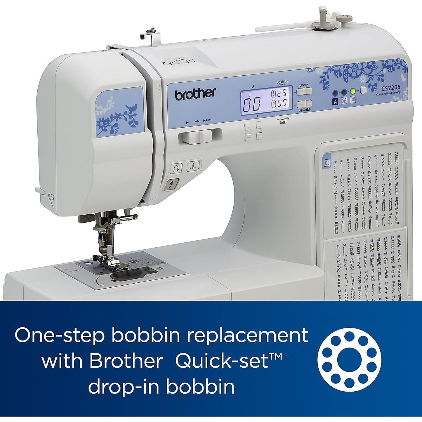 Brother CS7205 Computerized Machine, 150 Built Stitches, 1 Font, Wide Table, 11 Sewing Feet, White