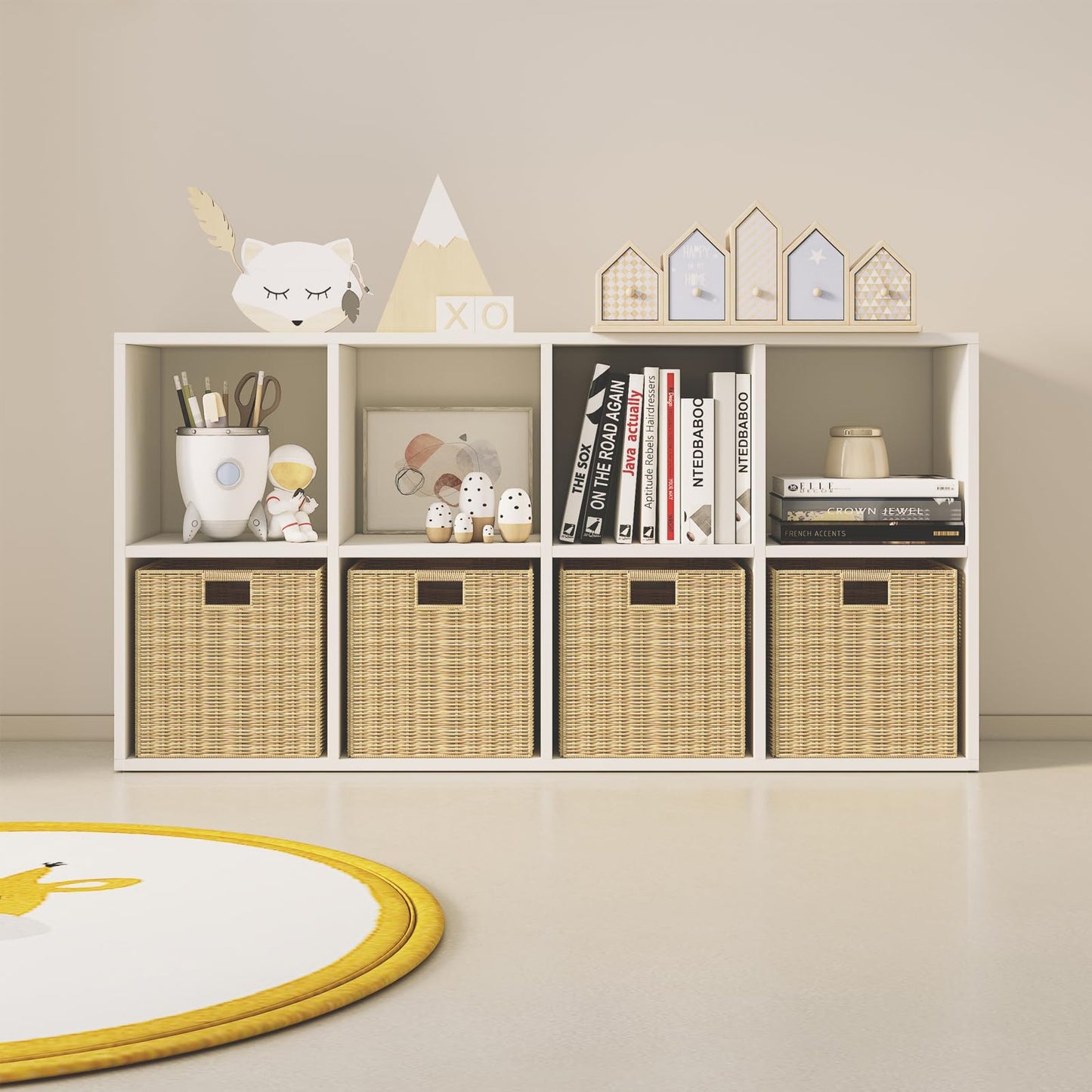 Wood Cube Storage Organizer Closet Cabinet for Living Room Bedroom Study Shelf Bookcase Wooden Floor Standing Open Bookshelf for Kids Home Office Display Storage Cabinet (White, 8-Cube, 11.81in)