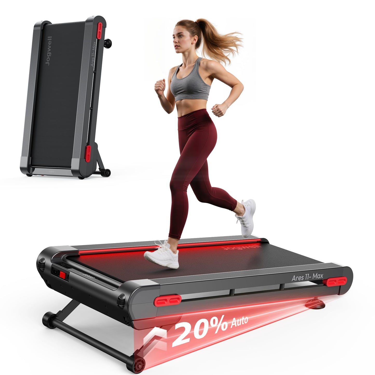 Jogwell Walking Pad Treadmill with 12%/20% Auto Incline, 3.5HP Brushless Ultra-Quiet, Under Desk Treadmill for Home Office, 400 LBS Capacity, 30% Wider Deck, Vertical Storage, Ares 11 Max Black