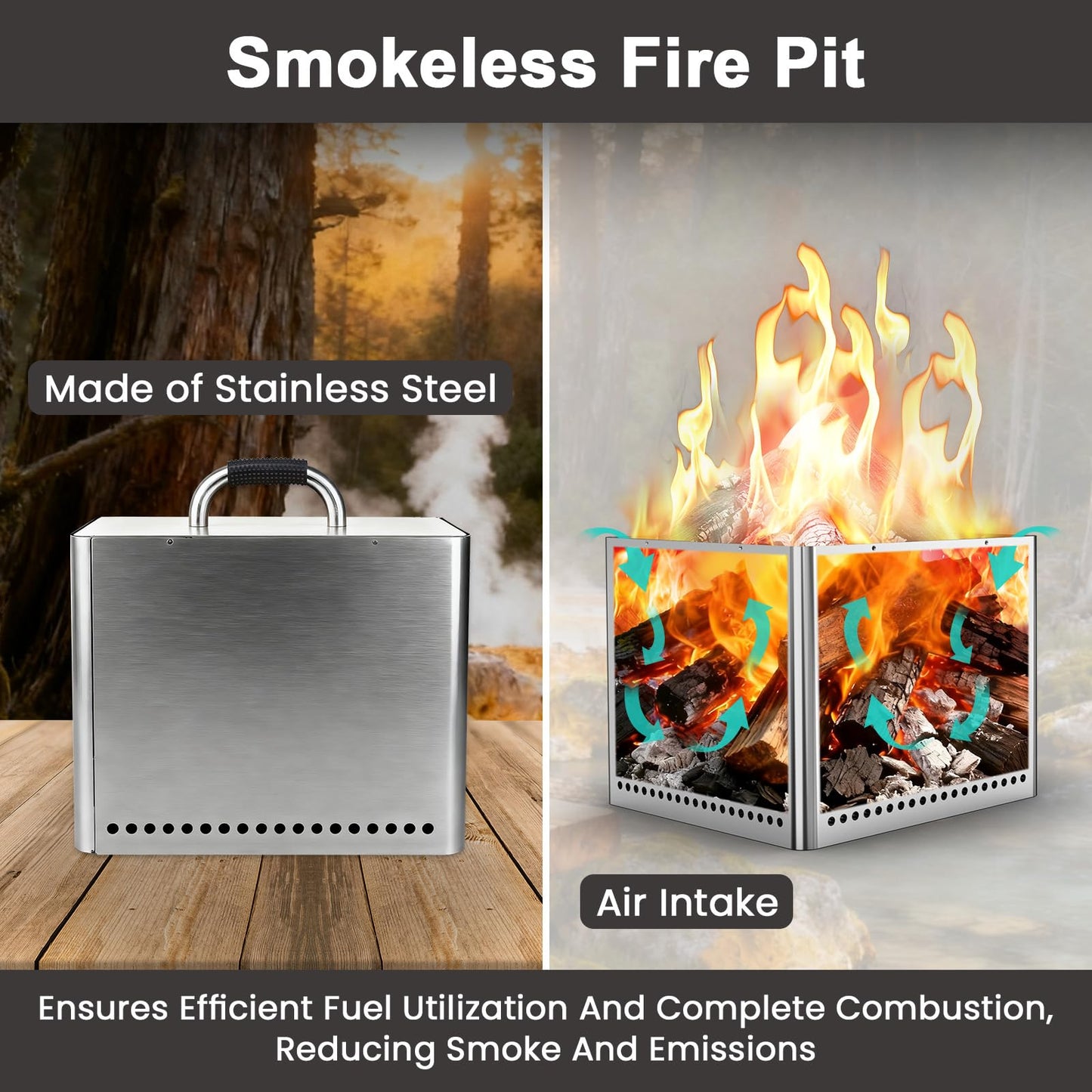 Uniflasy Smokeless Fire Pit and Fire Pit Surround Tabletop, Portable Protective Barrier Equal Width, Safety & Extra Space, 48" Outdoor Tabletop & 17" Smokeless Firepit for Backyard, Camping & Party