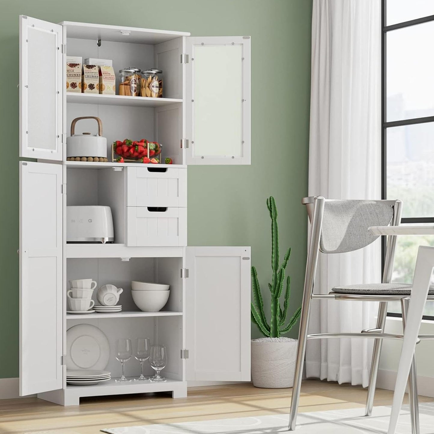 BOTLOG 67'' Tall Bathroom Storage Cabinet, Linen Cabinet with Glass Doors and Adjustable Shelves, Kitchen Pantry with 2 Drawers for Bathroom, Living Room, Dining Room, White