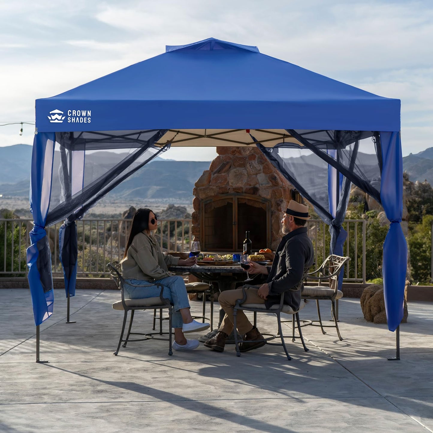 CROWN SHADES Gazebo 10x10 Pop Up Canopy with Mosquito Netting, Screen Tent with 4 Ropes, 8 Stakes, 4 Sandbags and Wheeled Storage Bag, Canopy for Patio & Backyard Parties,Camping&Events -(Blue)