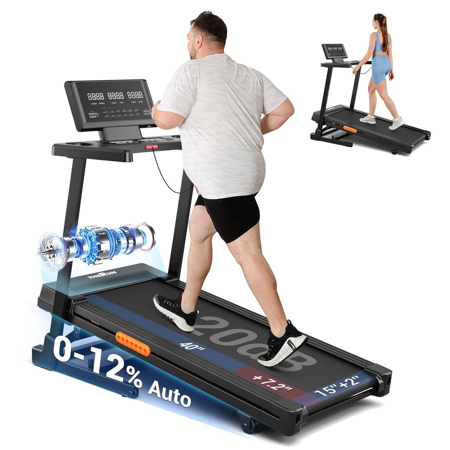 THERUN Treadmill with Incline,8.7 MPH 12% Auto Incline Treadmill,Treadmills for Home,3 HP Quiet Brushless Motorized Treadmill,LED Display