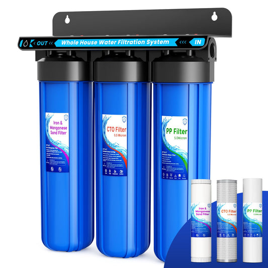 Whole House Water Filter System, 3-Stage Iron & Manganese Removal 20"x4.5" Filter, with Sediment Filter, Reduces Iron, Manganese, Chlorine, Odor, Sediment,1" NPT, 120,000 Gal Capacity