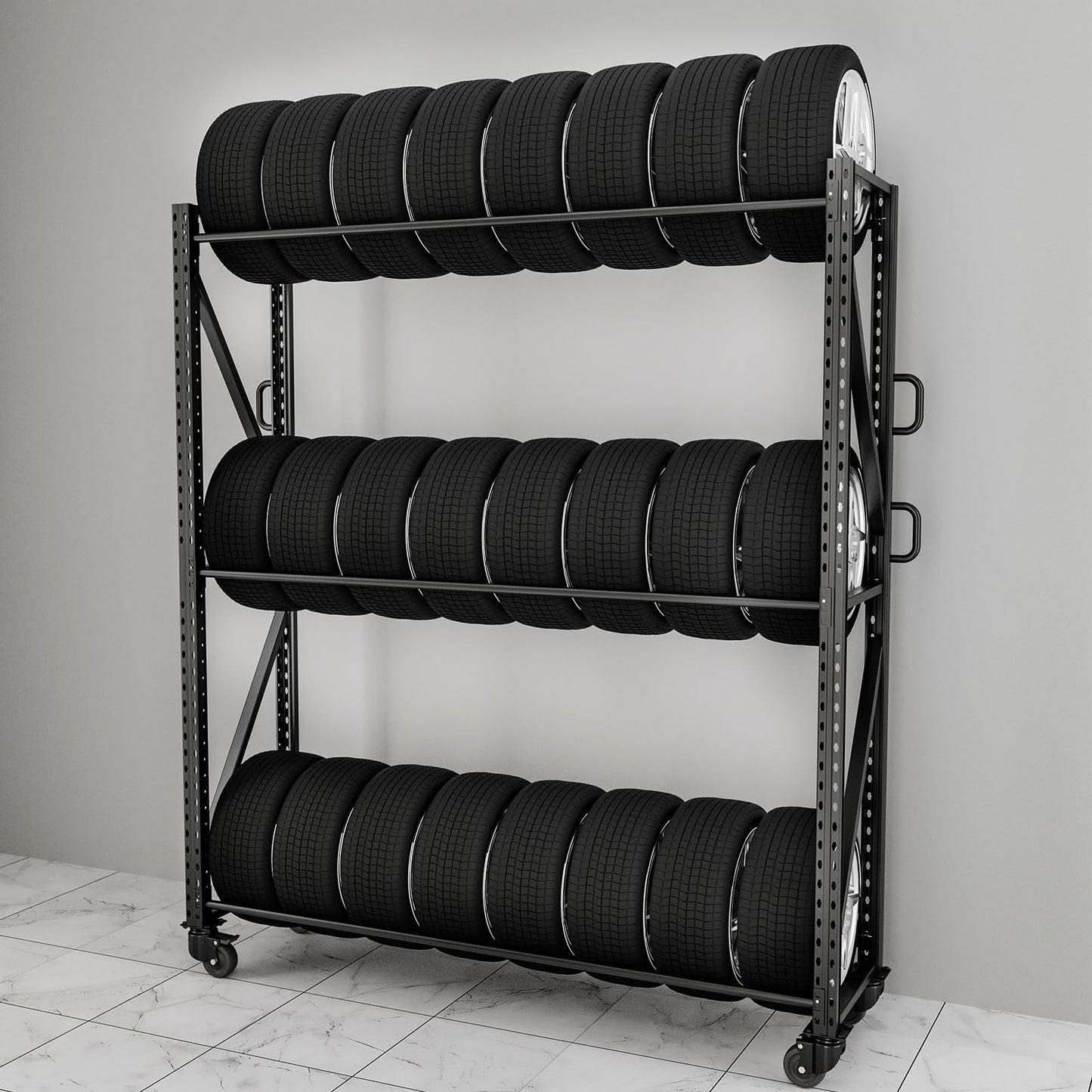 ZUIWAN Large 83" H 3-Tier Rolling Tire Rack for Garage - Heavy Duty 2200LBS Capacity Adjustable Metal Tire Storage Rack with 4 Self-Locking Casters