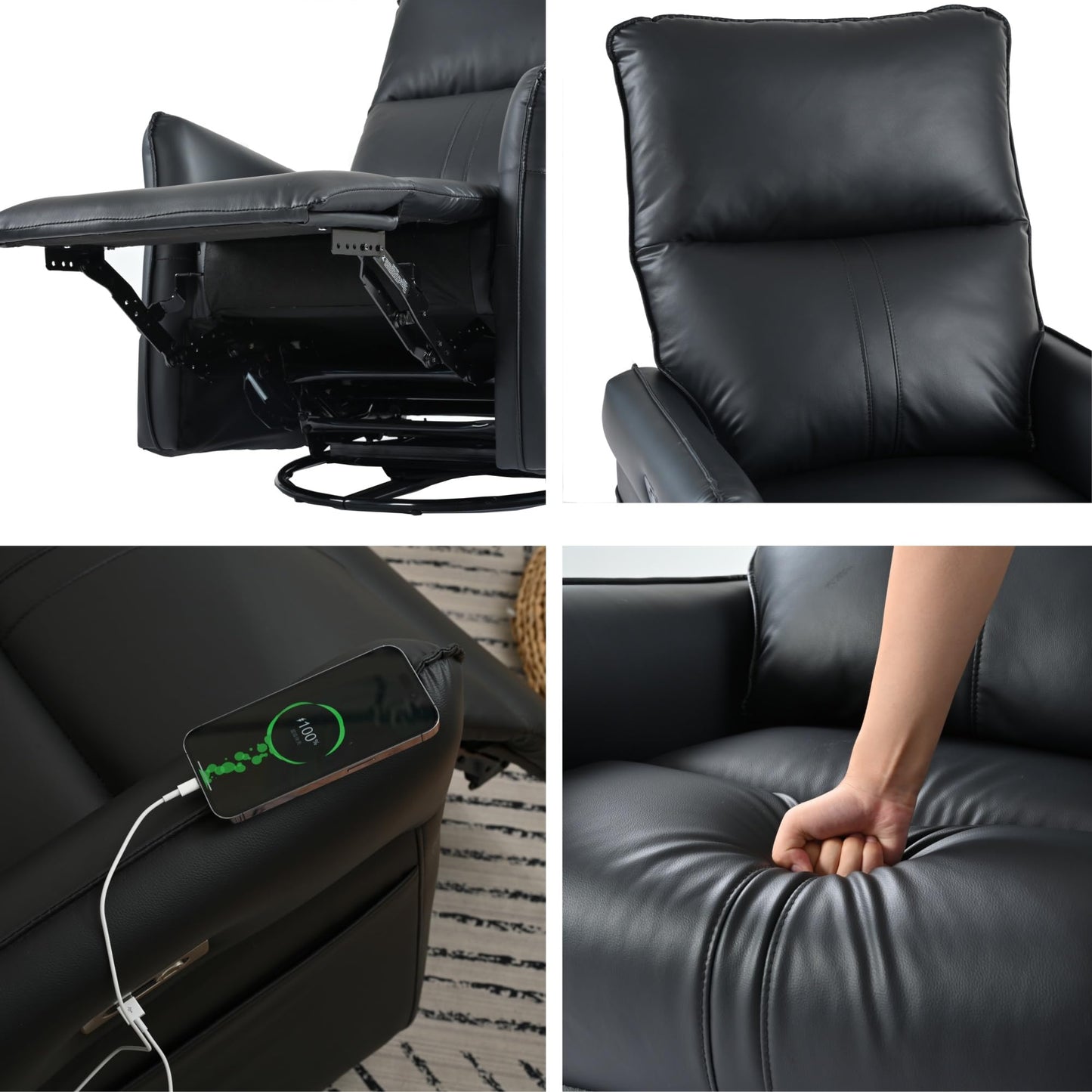 KEIKI 270 Degree Power Swivel PU Leather Power Recliner Chair, Nursery Recliners, Home Theater Recliner Chair, Electric Glider Reclining Sofa with USB Ports, Black