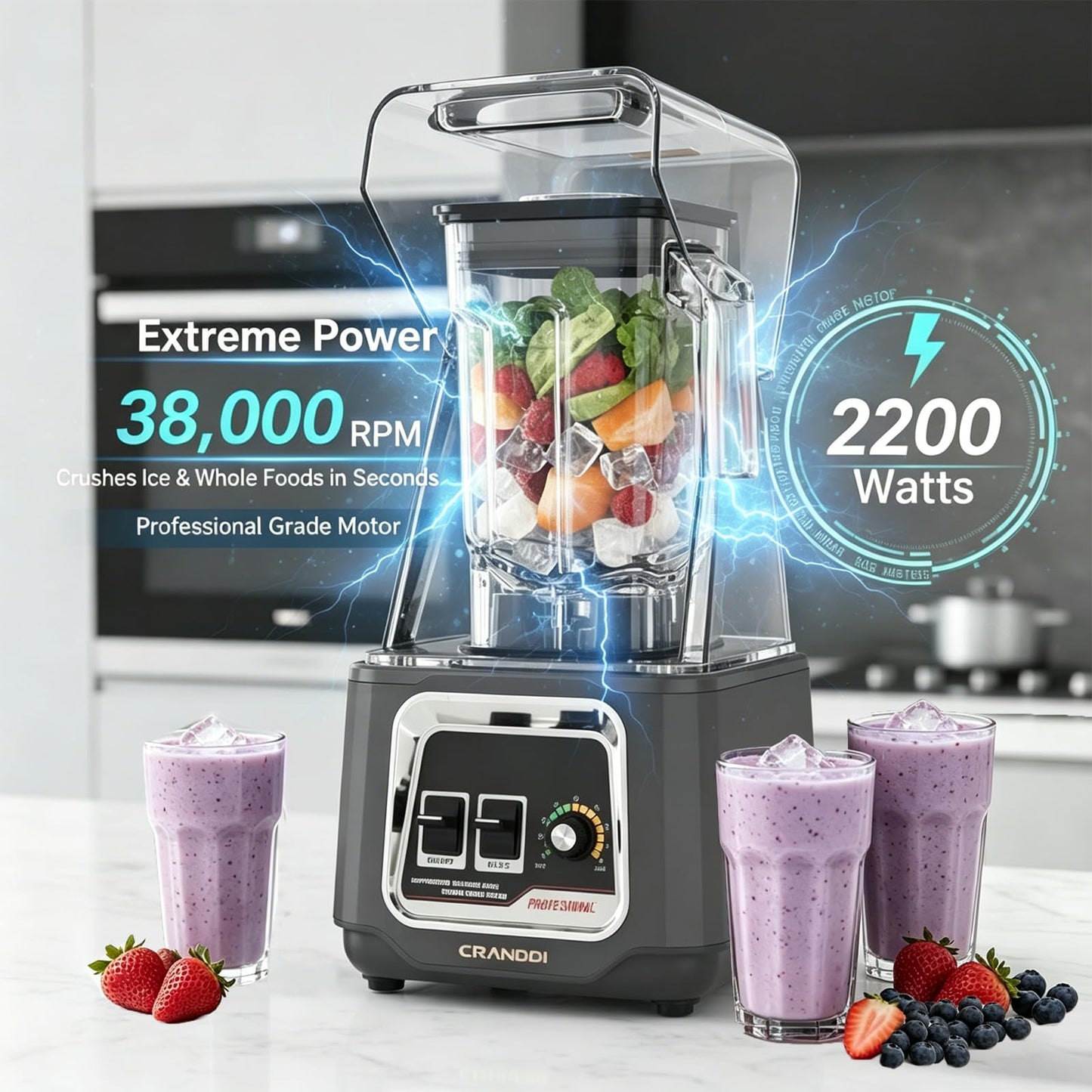 CRANDDI Commercial Blender, 2200W Countertop Blenders with Removable Shield, Quiet Smoothie Blender for Shakes and Ice Crushing, 52oz, 38000 RPM Professional Blenders for Kitchen, K80 (Grey)