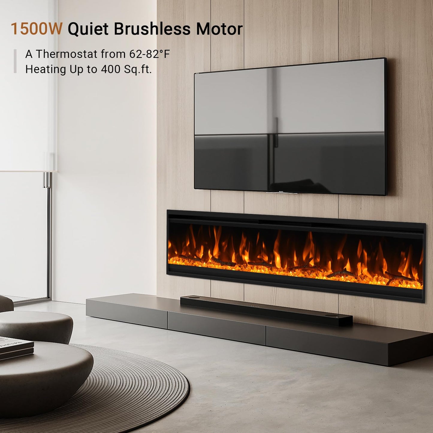 60 inch Electric Fireplace, 4.3" Ultra-Thin Electric Fireplace Inserts, Ultra-Narrow Frame, Wall Mounted and Recessed Fireplace, Log & Crystal, Touch Screen & Remote Control, 1500W