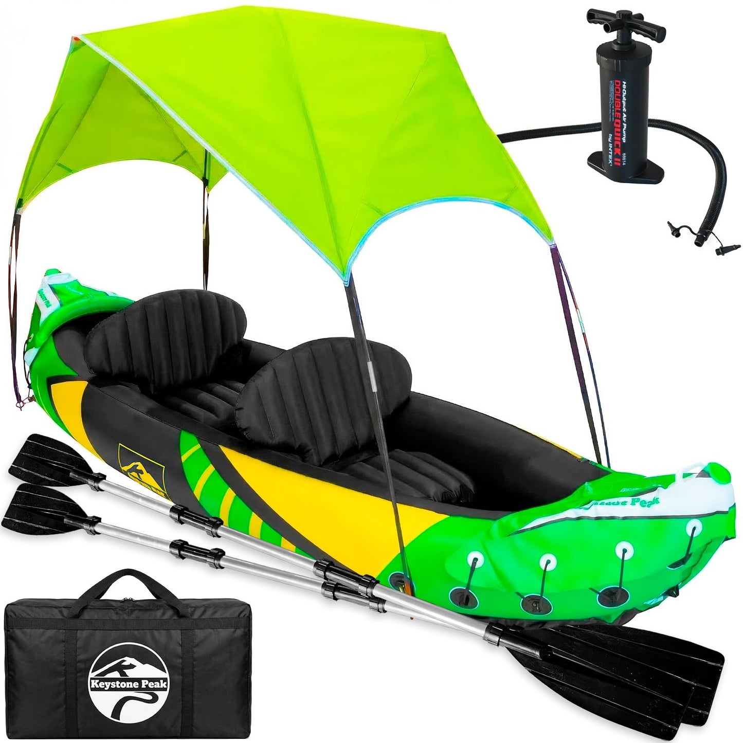 Keystone Peak Inflatable Kayak 2 Person with Detachable Sun Canopy – Heavy-Duty Tandem Kayak for Adults – Reinforced Paddles, Waterproof Phone Bags, Adjustable Seats, Extra Seat for Dog or Child