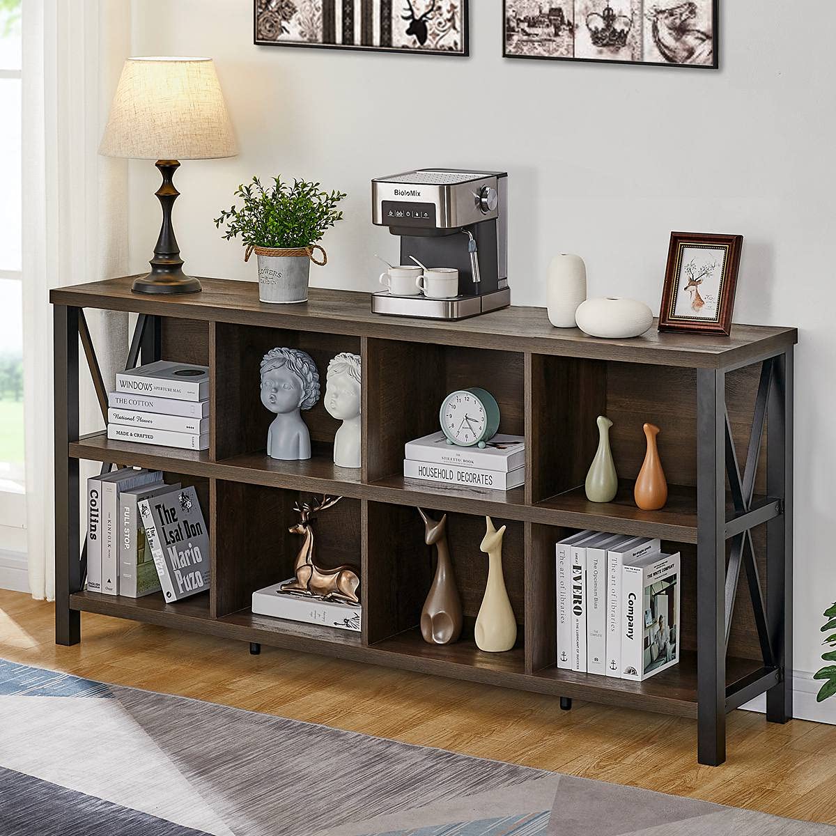 FATORRI 8 Cube Storage Organizer Bookshelf, 62 Inch Rustic Wood Horizontal Bookcase, Industrial Cube Long Book Shelf for Living Room, Home Office (Walnut Brown)